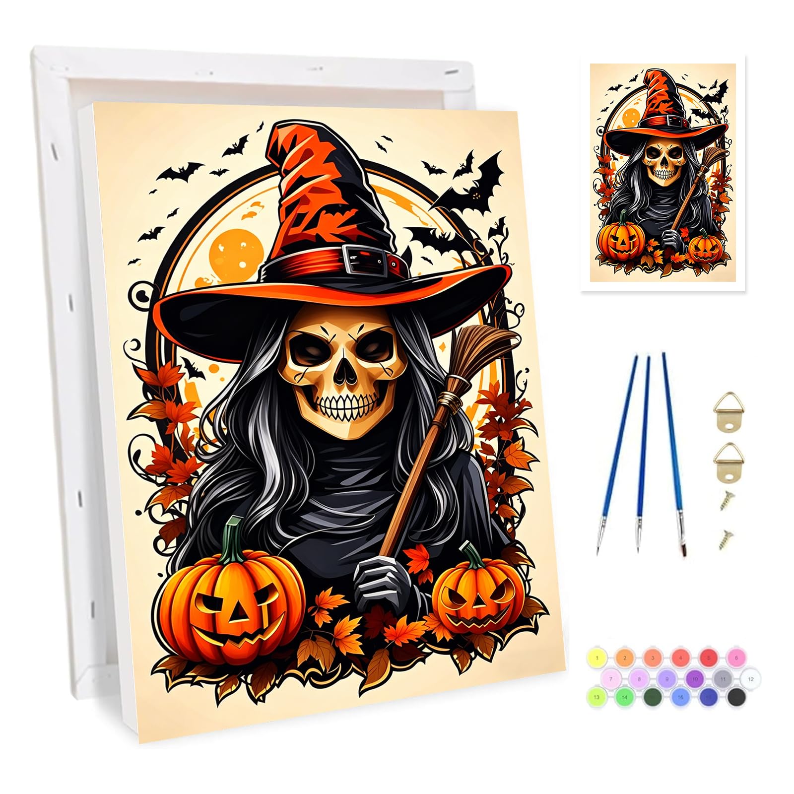 Bowetile Framed Skeleton Paint by Numbers for Adults Canvas, Witch Painting by Numbers Kit for Beginners Canvas, DIY Color Oil Painting Acrylic Paints for Home Wall Decor20x30cm
