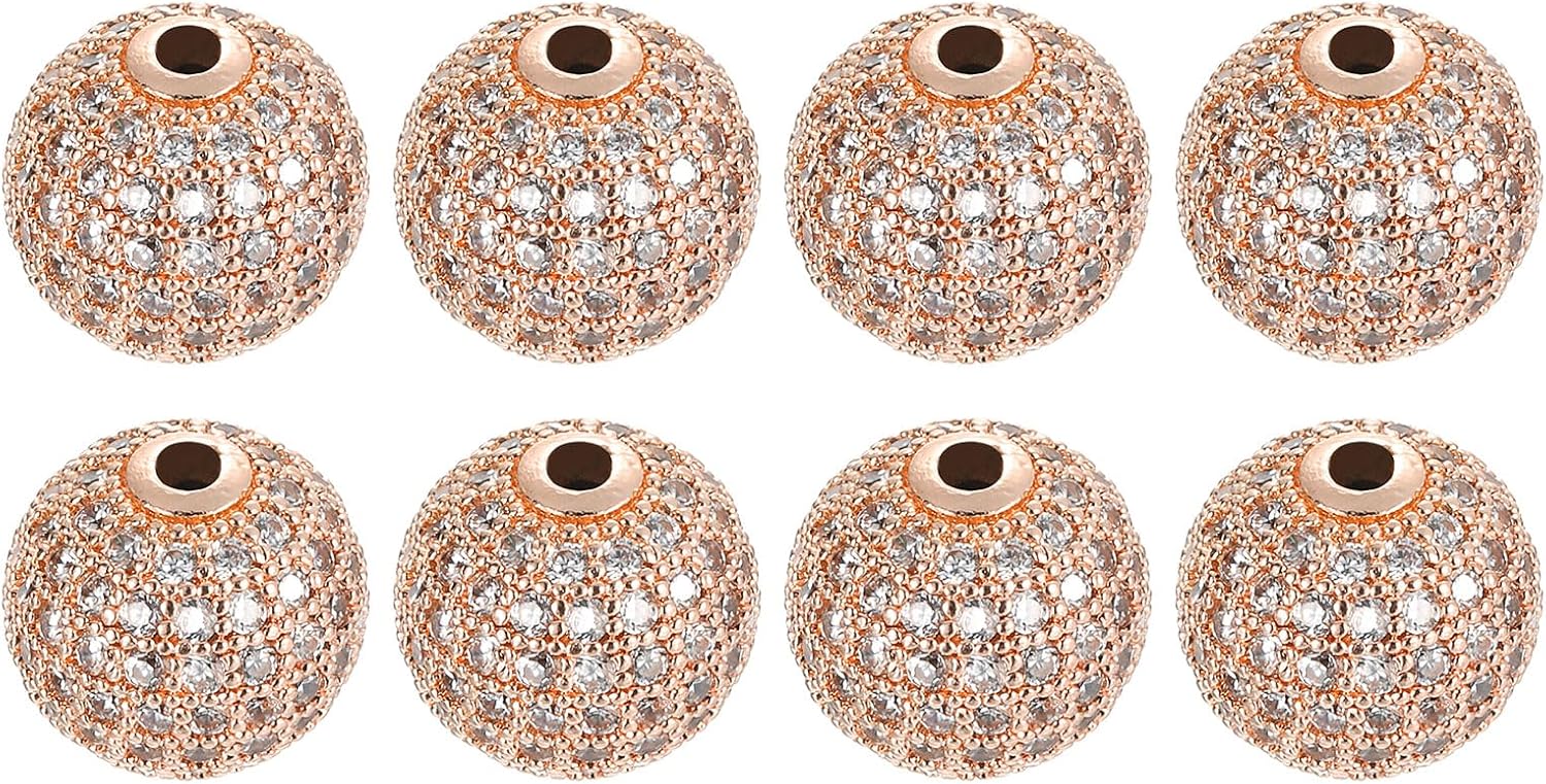 UXcell Round Charm Beads, 8 Pcs 12mm - Brass Rhinestone, Zircon for DIY Jewelry (White - Rose Gold)