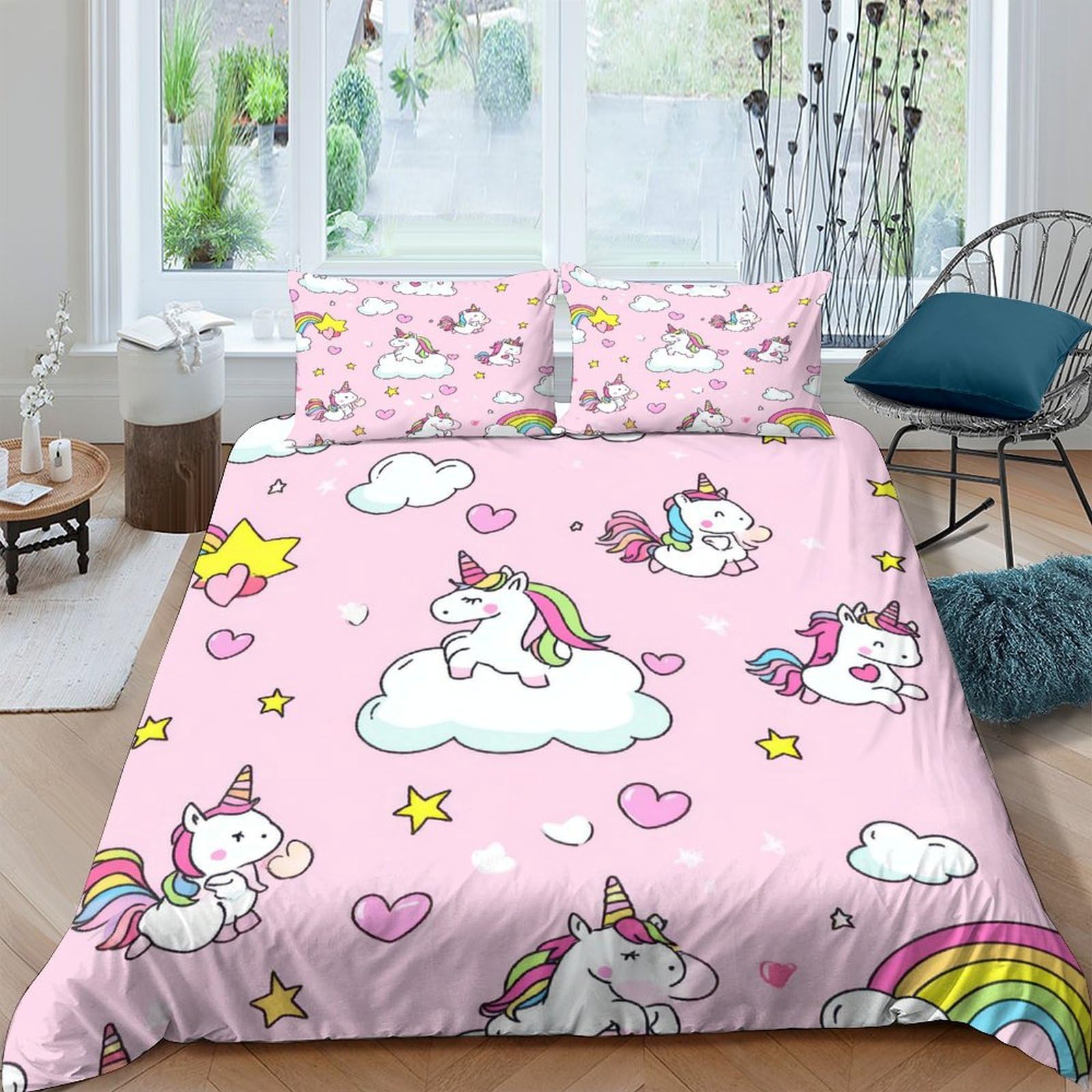 TUFRTGYHN 3D Printed Pink Unicorn Duvet Cover Set Microfiber Soft Breathable Rainbow Bedding Set with 2 Pillowcases for Bedroom Decor Single（135x200cm）