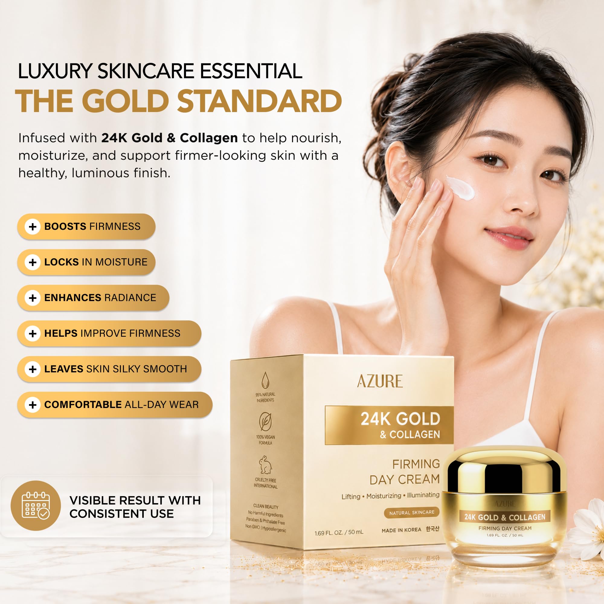 AZURE Crème de jour raffermissante à l'or 24 carats et au collagène – Crème hydratante illuminante et liftante à l'acide hyaluronique – Réduit les rides et ridules – Anti-âge et tonifiant – Soin de la