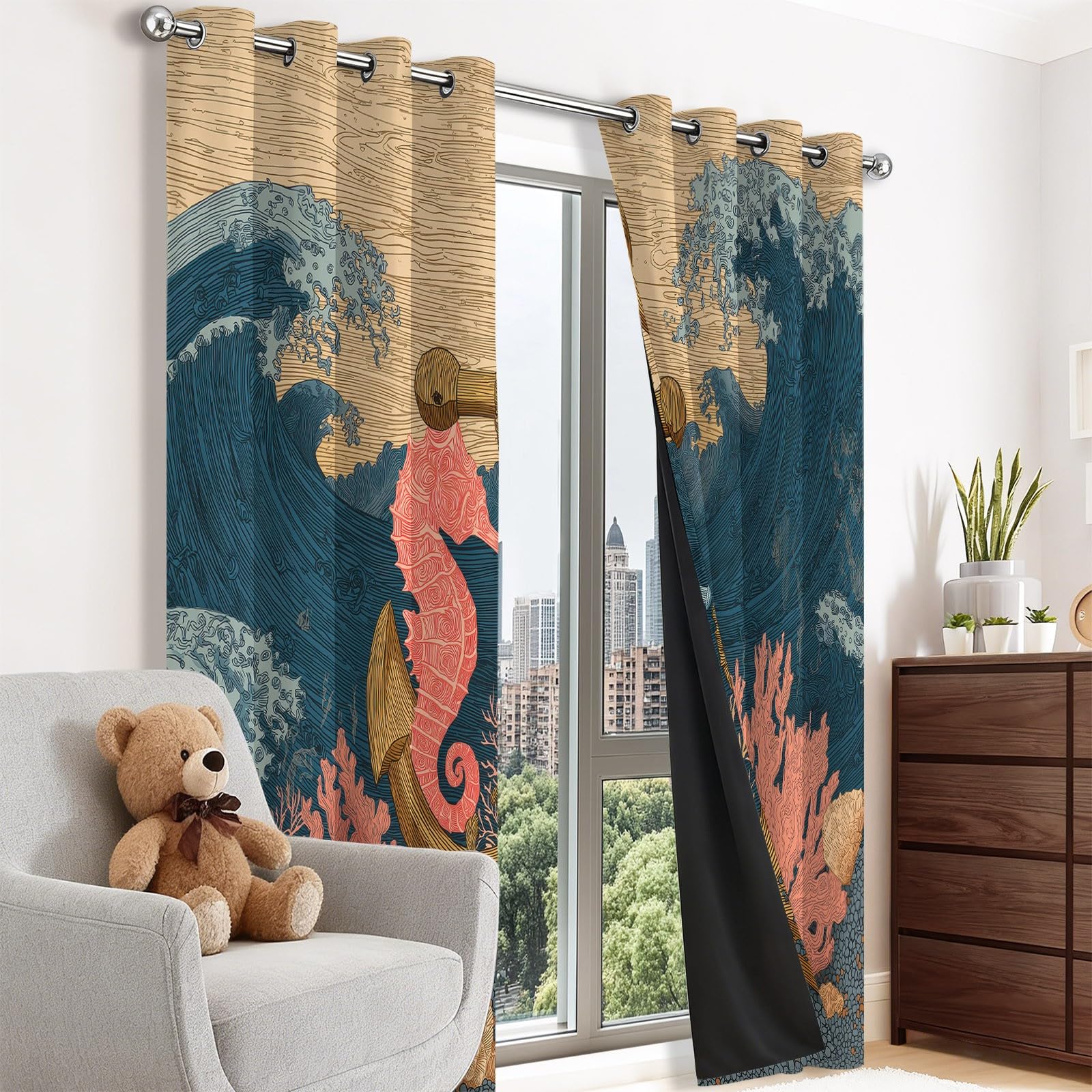 Générique Rideaux Occultant Isolant Thermique Anti Froid, Lot De 2 Rideaux 75L X 166H cm Protection UV Rideau Multicolore Rétro Marin Voile Ancre Hippocampe Coquillage pour Salon et Chambre