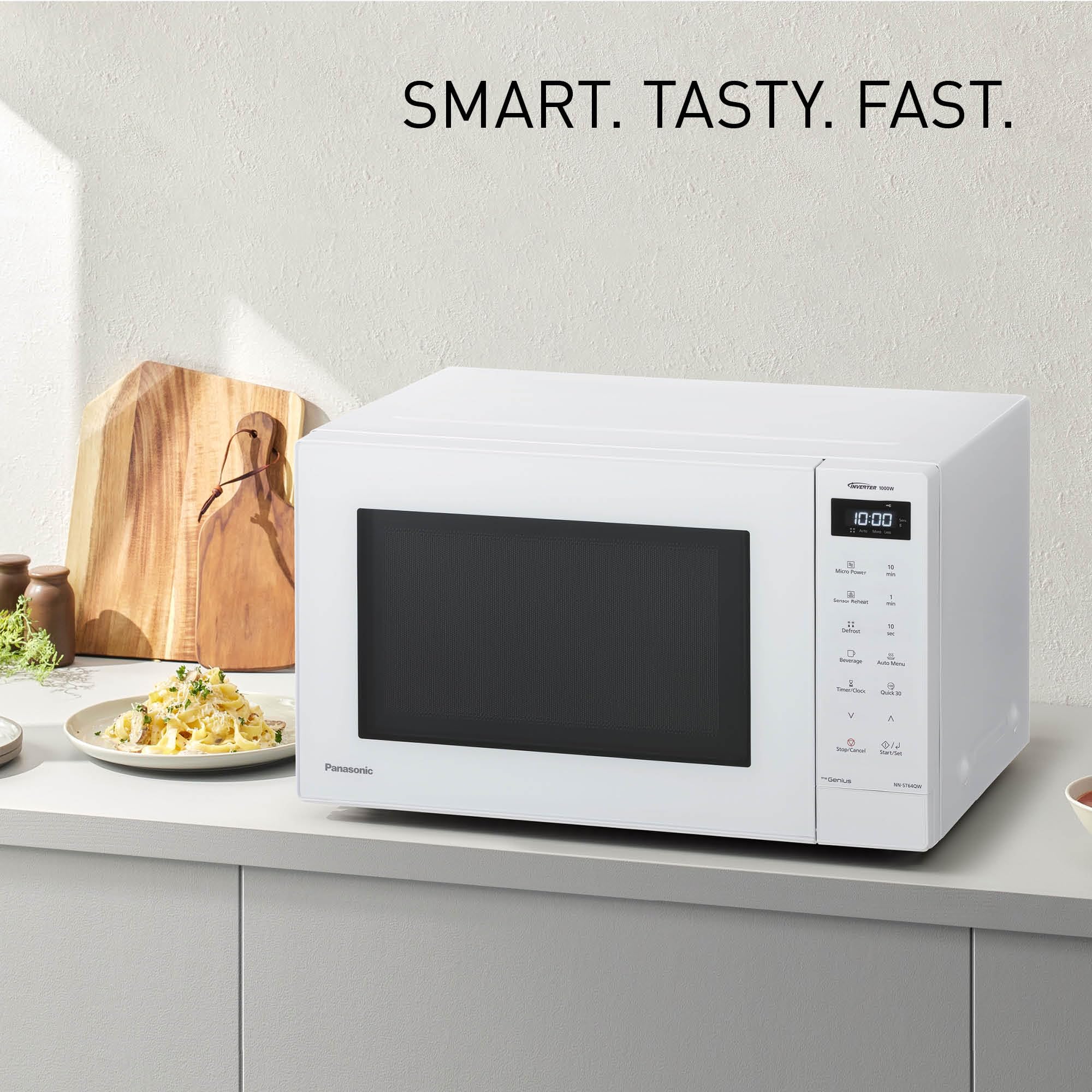 Panasonic NN-ST64QWEPG Mikrofalówka Solo Inverter 32L, moc 1000 W, 20 automatycznych programów, funkcja Quick 30, sterowanie dotykowe, jednolite gotowanie i rozmrażanie, biały
