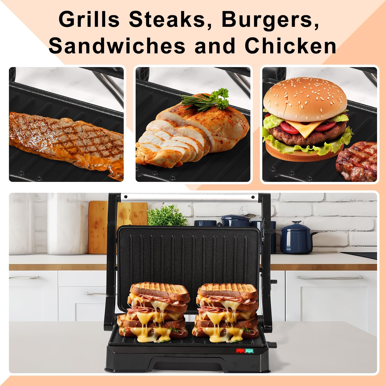 Sandwichera de prensa Panini pequeña, parrilla eléctrica 3 en 1 para sándwiches Panini, abierta a 180 grados para parrilla interior, perfecta para asar filetes, hamburguesas, sándwich, sartén 7
