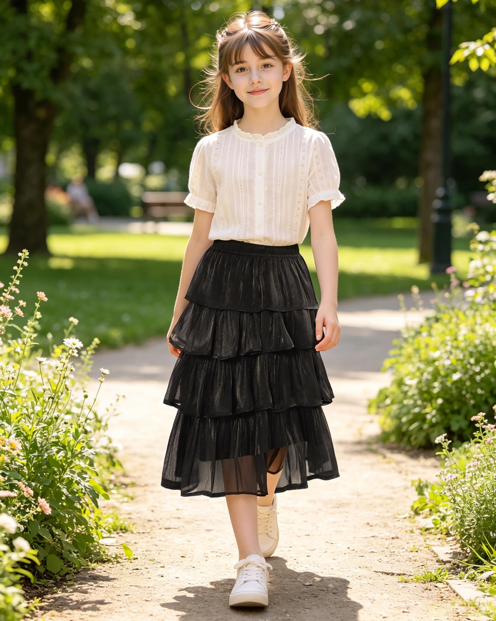 KAKU NANU Falda Midi Tul para Niñas con Acabado Brillante Efecto Perlado Cintura Alta y Volantes Tejido Antiarrugas Largo Modesto Ideal para Paseos, Parque y Picnic Tallas 5 a 14 Años Negro y Blanco