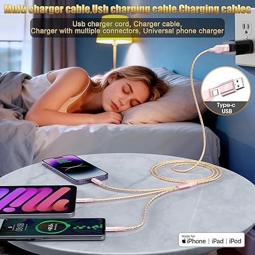 Miniatura 3 de IDISON Cable de carga múltiple (paquete de 2 unidades de 4 pies), cable de carga 3 en 1 de nailon trenzado, puerto USB AC, cable de carga para