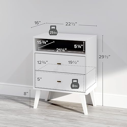 Miniatura 3 de Prepac Milo Mid-Century Moderna mesita de noche con 2 cajones con estante abierto, mesita de noche, muebles de dormitorio contemporáneos, 16