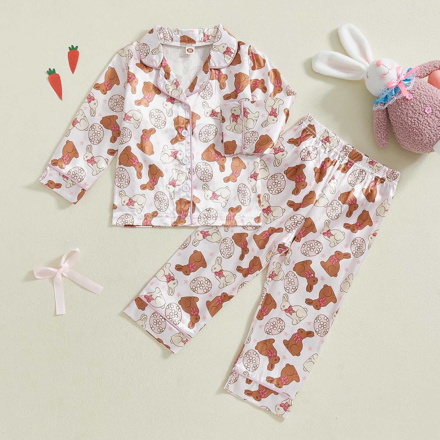 Kids Toddler Girl Easter Pajamas Bunny&Floral Button Up Ruffle Shirts Pants Little Girls Easter Satin Silk Pajama Set - Image 3