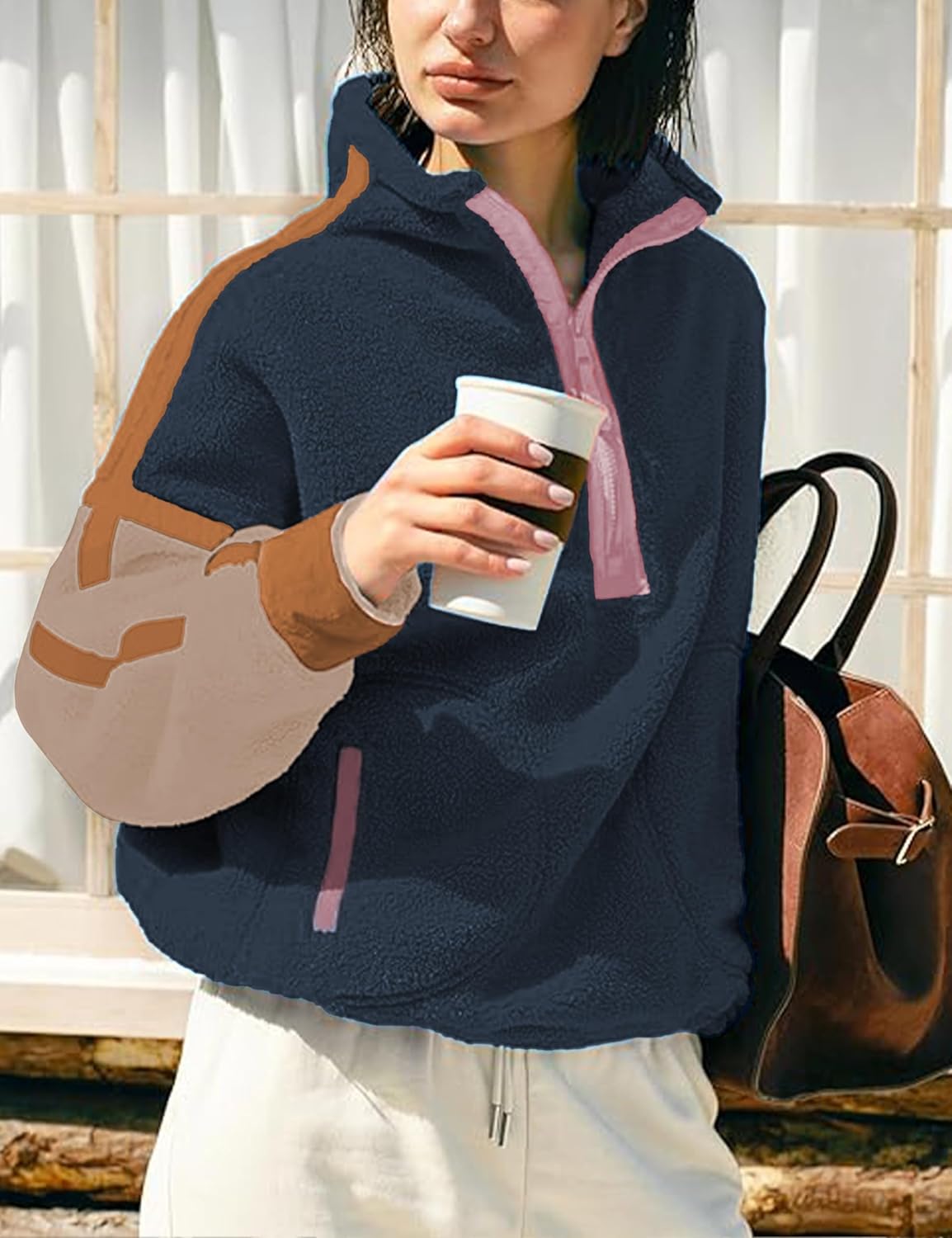 Women's Sherpa Fleece Pullover Half Zip Oversized Sweatshirt with Pockets Soft Warm Fuzzy Jacket for Fall Winter(Navy-S) - Image 5