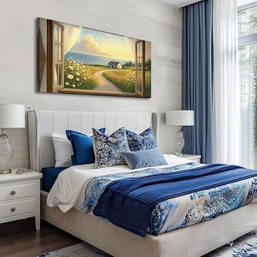 Miniatura 2 de 20"x 40" Canvas Wall Art Vintage Window Landscape Farmhouse Nature Scenery Warm Framed Pictures Painting Print Large Wall Art for Living Room