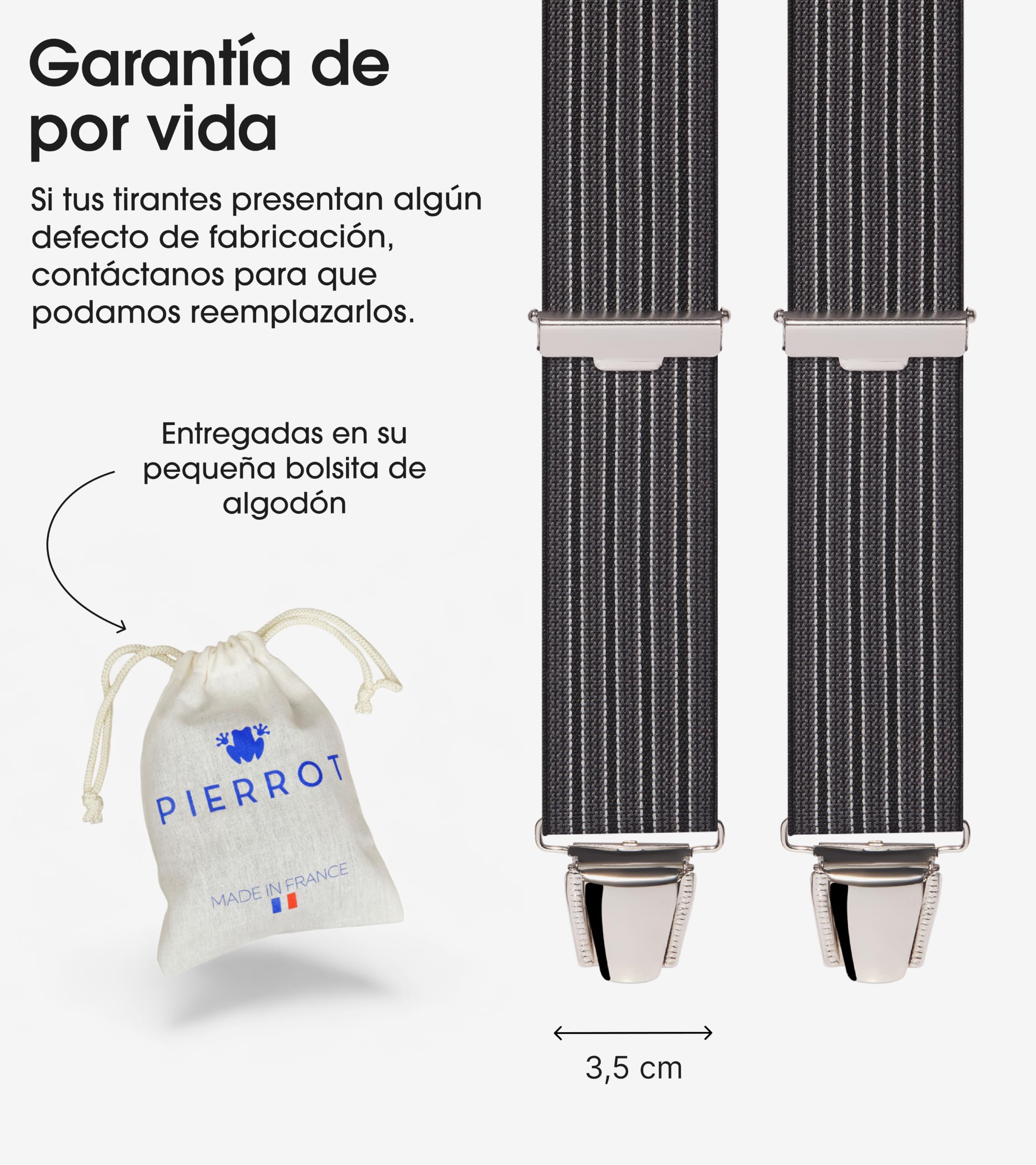PIERROT Tirantes para Hombre - Clips Extra Fuerte - Sólidos y Artesanales para Hombres Garantía de por vida - Tirantes para Pantalones - Una Talla Para Todos