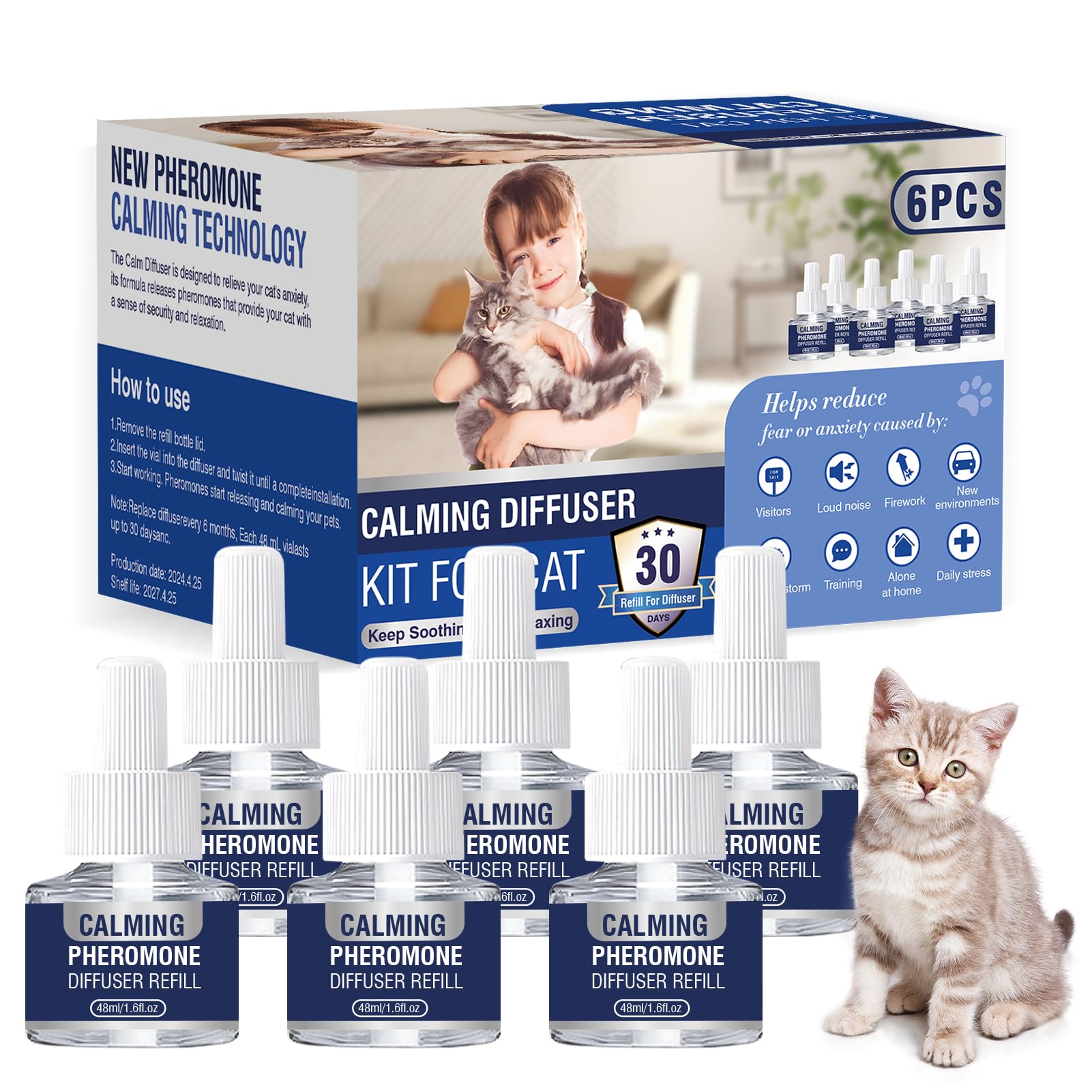 Feromonas para Gatos Anti Estres Tranquilizante Difusor Gato Calmante Perros Antiestres ArañAzos Soluciona Signos EstréS Miedos Cambios Marcaje Orina Conflictos Entre 6 X 48 Ml Recambios Insípido