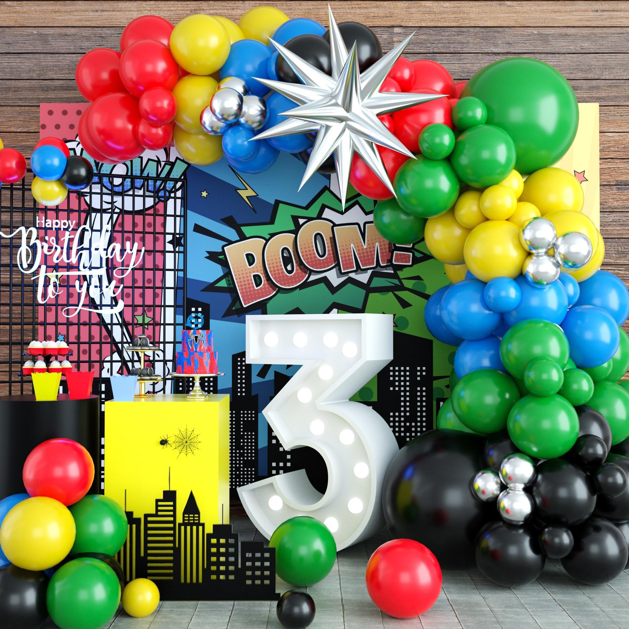 Black Red Yellow Green Balloon Garland Arch Kit, Colorful with Black Red Blue Yellow Green Metallic Silver Balloons Supplies for Birthday, Video Game