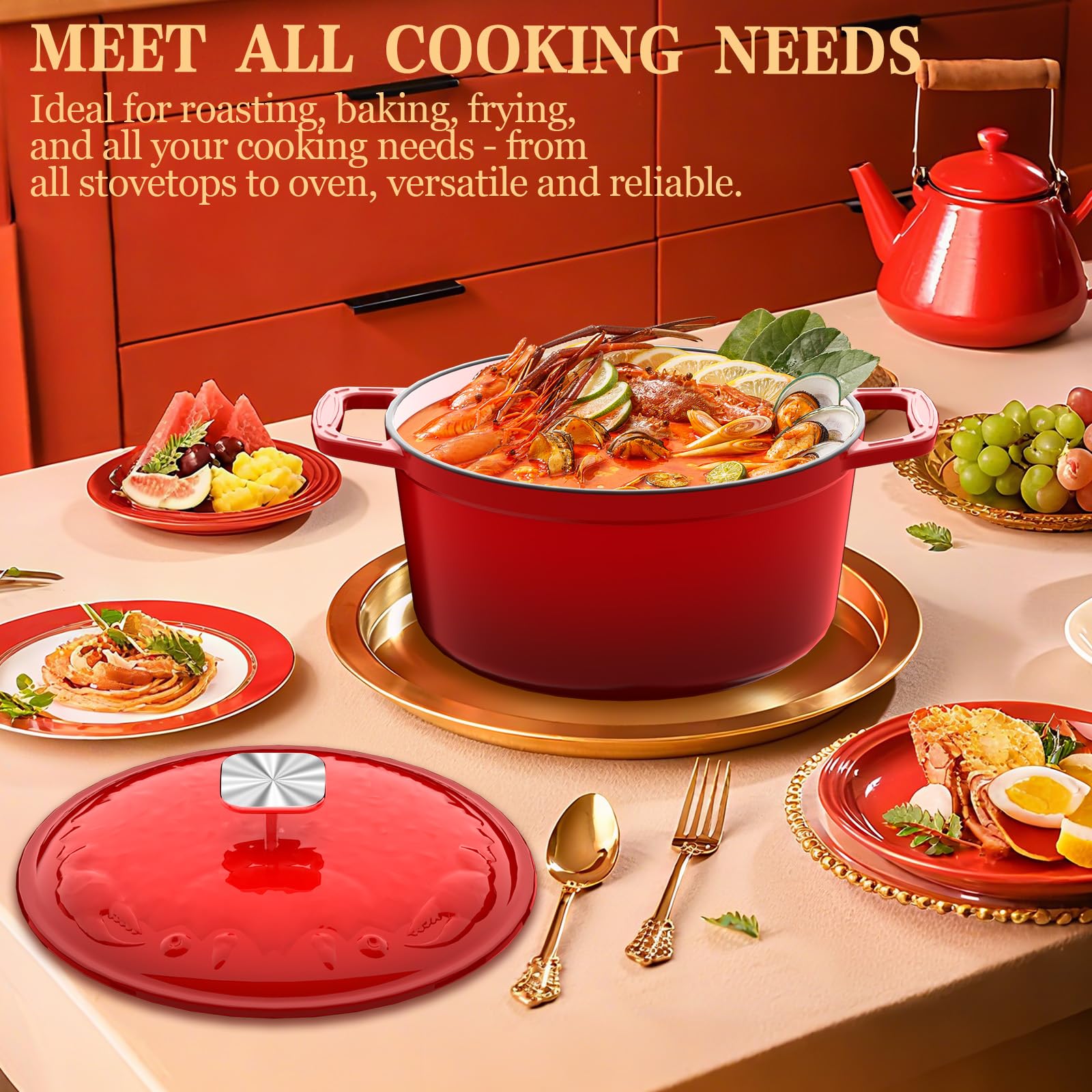 DUTZUN 5 Quart Dutch Oven - Red Cast Iron -7