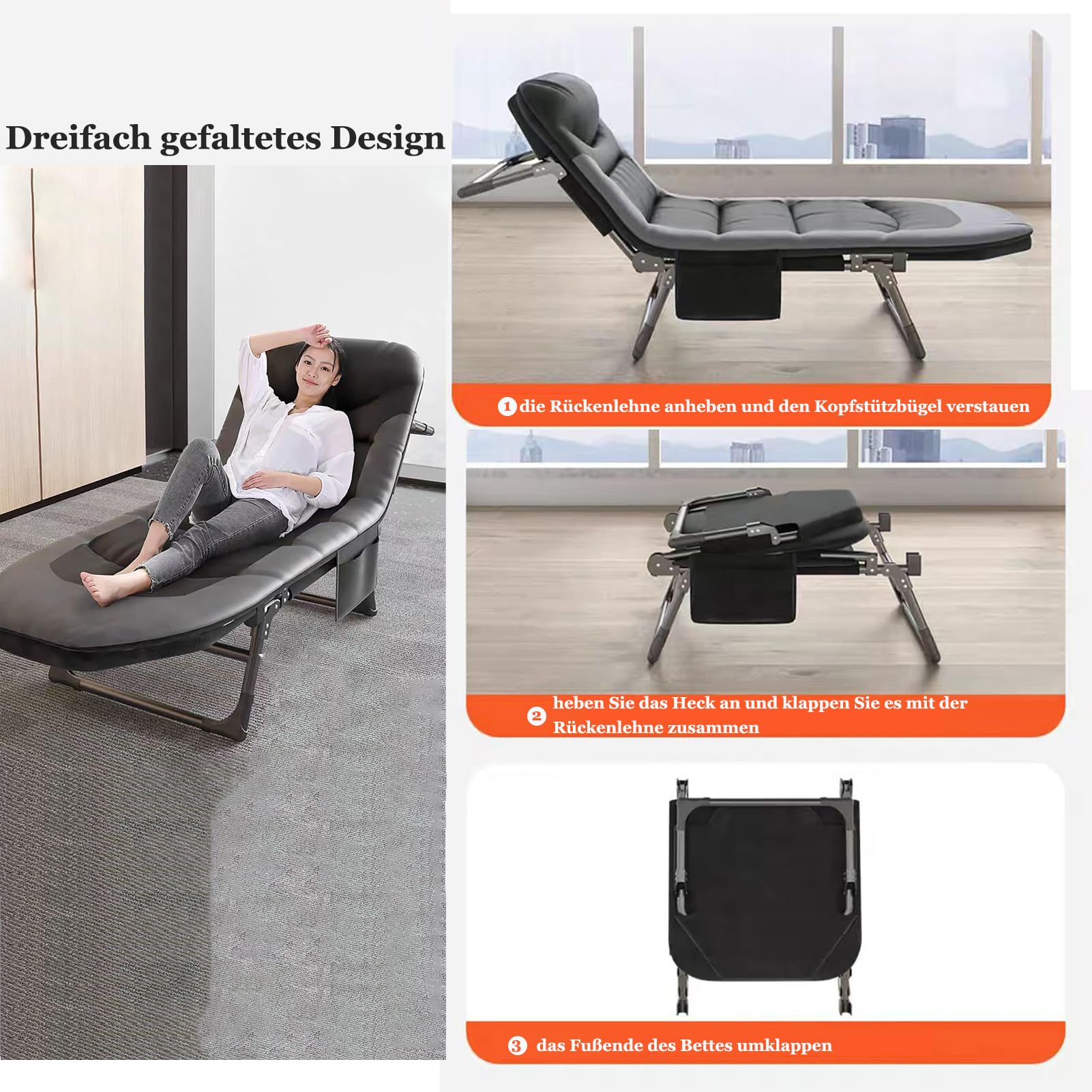 Cozykimo Folding Camping Bed 190 x 60 x 30 cm Sun Lounger up to 300 ibs with Bag Garden Lounger Foldable Camping Bed 6-Way Adjustable Beach Lounger Deck Chair for Balcony and Garden 4