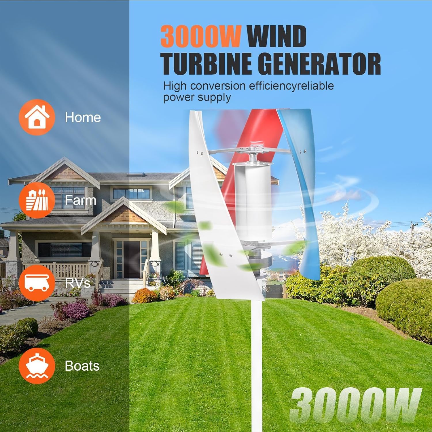 3000W Wind Turbine Generator Kit,12V/24V Vertical Axis Wind Turbine,Maglevs Winds Generator With Controller,Quiet 3 Leaves Small Household Windmill For Boats, Terraces, Cabins, Home,Industrial Energy