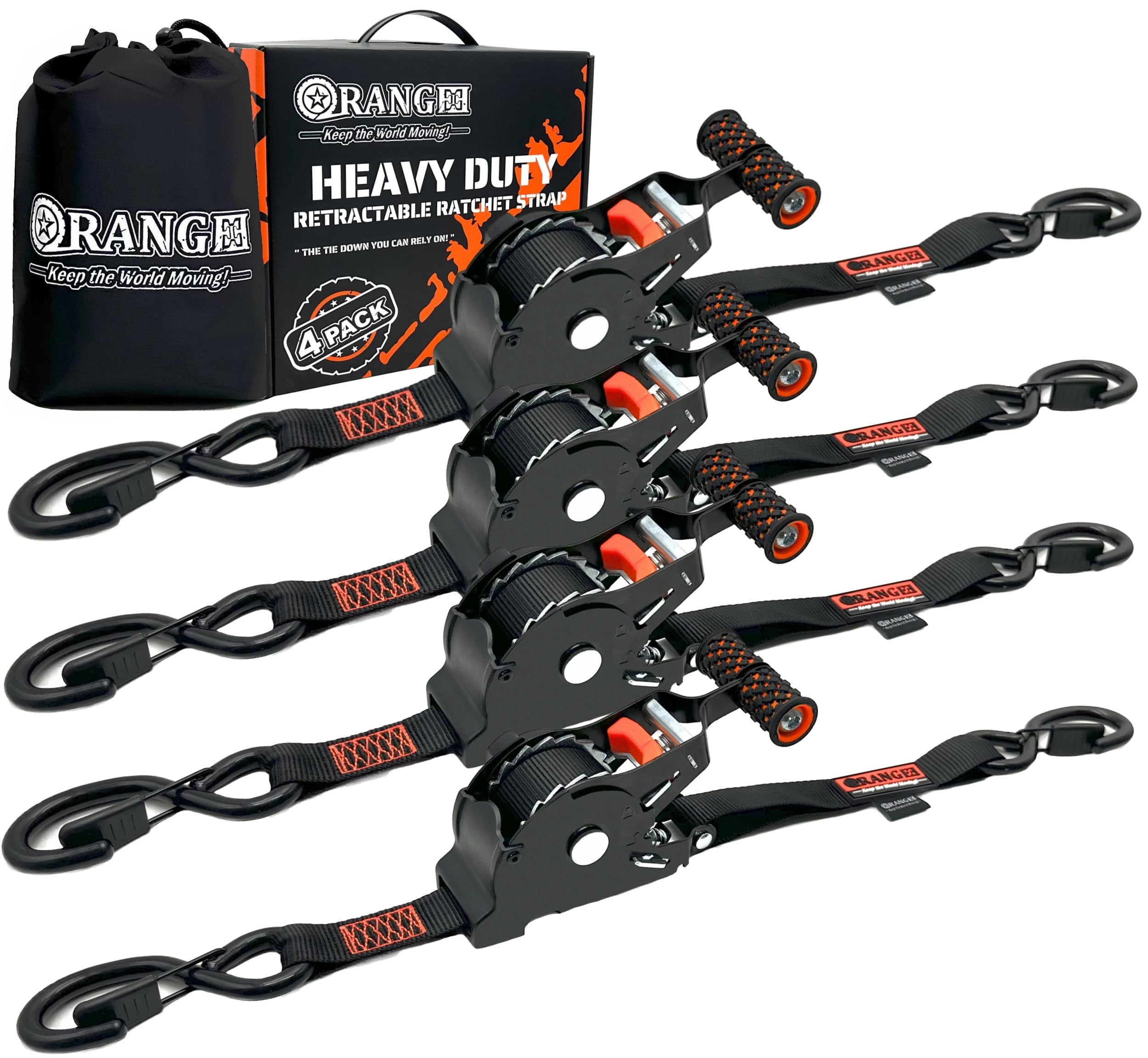ORANGEE® 4 Pack Heavy Duty Auto Retractable Ratchet Strap 1IN x 10FT w/Grip T Handle Perfect for Securing Cargo, Motorcycle & Boats Min. Breaking Strength 1,500LBS Per Strap - Black