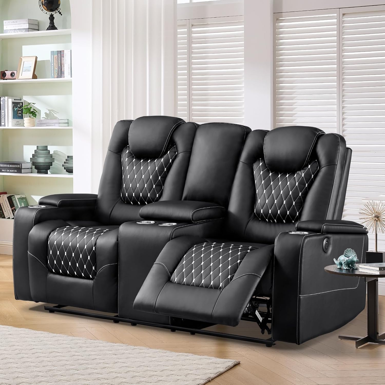 ANJ Reclining Loveseat,Power Recliner Sofa with USB Ports and Cup Holders - Overstuffed Electric Living Room Seating PU Leather Double Recliner with Hidden Arm Storage, Easy to Clean (Black)