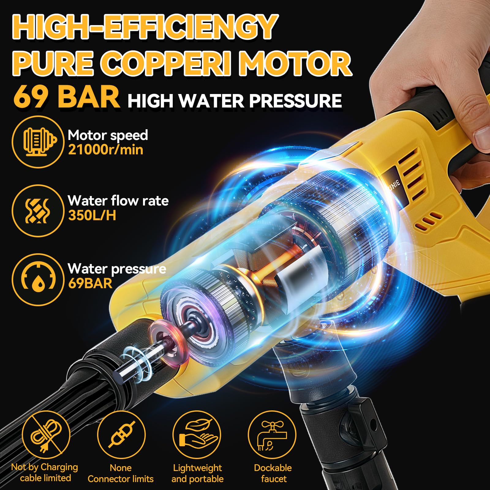 Limpiador de alta presión compatible con Dewalt 18/20 V, portátil de 69 bar, pistola de limpieza a presión con boquilla de pulverización 6 en 1, manguera de 5 m para riego de suelo de coche (sin
