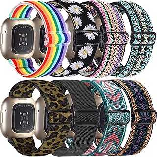 8 Pack Elastic Bands Compatible with Fitbit Versa 3 & Fitbit Versa 4 & Fitbit Sense & Fitbit Sense 2, Adjustable Nylon Sport Strethy Wristband for Fitbit Versa 3 / Versa 4 Smartwatch Women Men