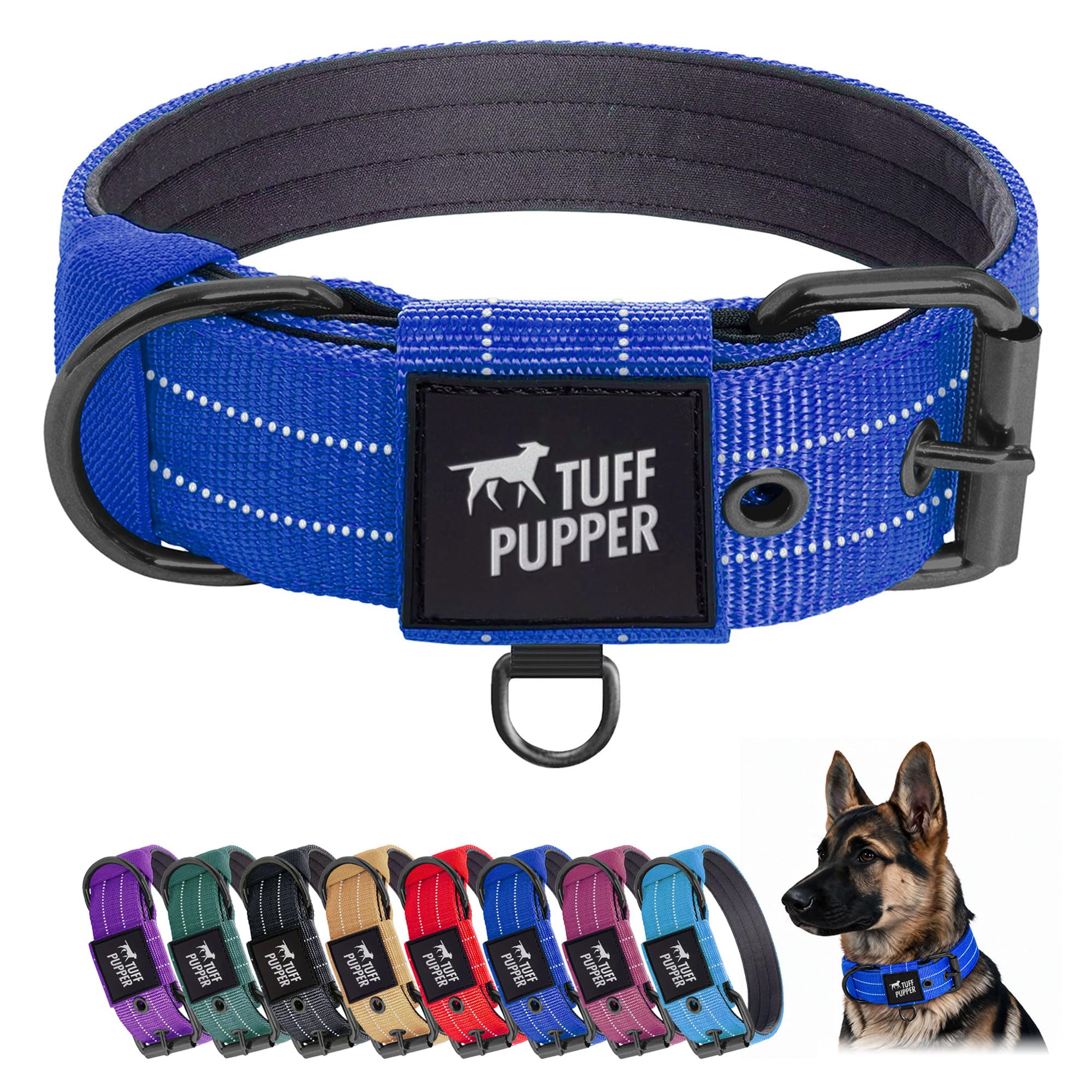Tuff Pupper Heavy Duty Tactical Dog Collar | 1.5" Wide Ballistic Nylon | Reflective Stitching | Integrated ID Tag Holder | Stainless Steel Buckle | Padded Lining | Medium &amp; Large Dogs (Blue, Medium)