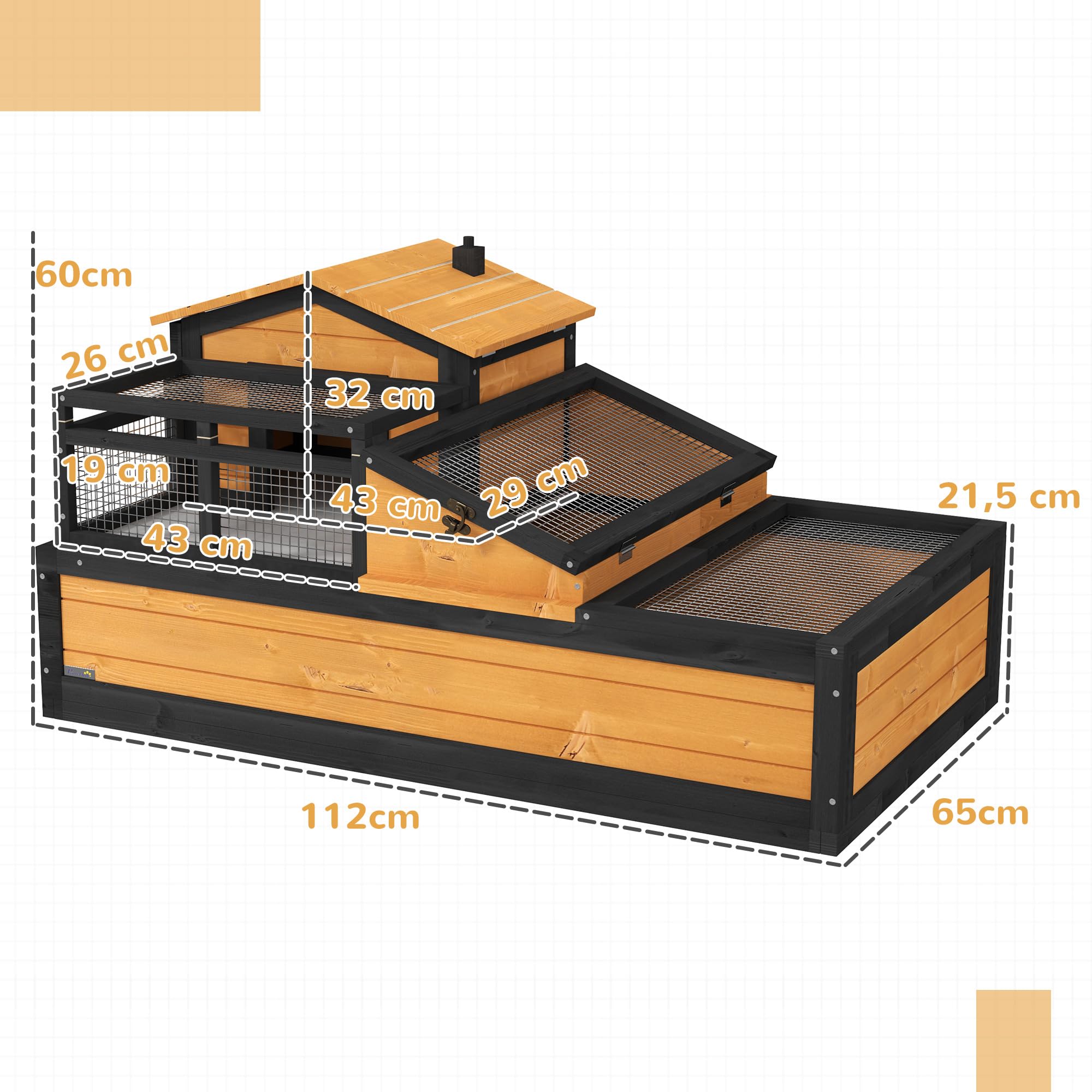 PawHut tortuguera de Madera, recinto para Tortugas con Dos Niveles, Tapa abatible, balcón, Jaula Exterior para Reptiles pequeños 112 x 65 x 60 cm, Amarillo | Recinto para tortugas, casas principales, jaula de reptiles al aire libre, techo abierto, terrari