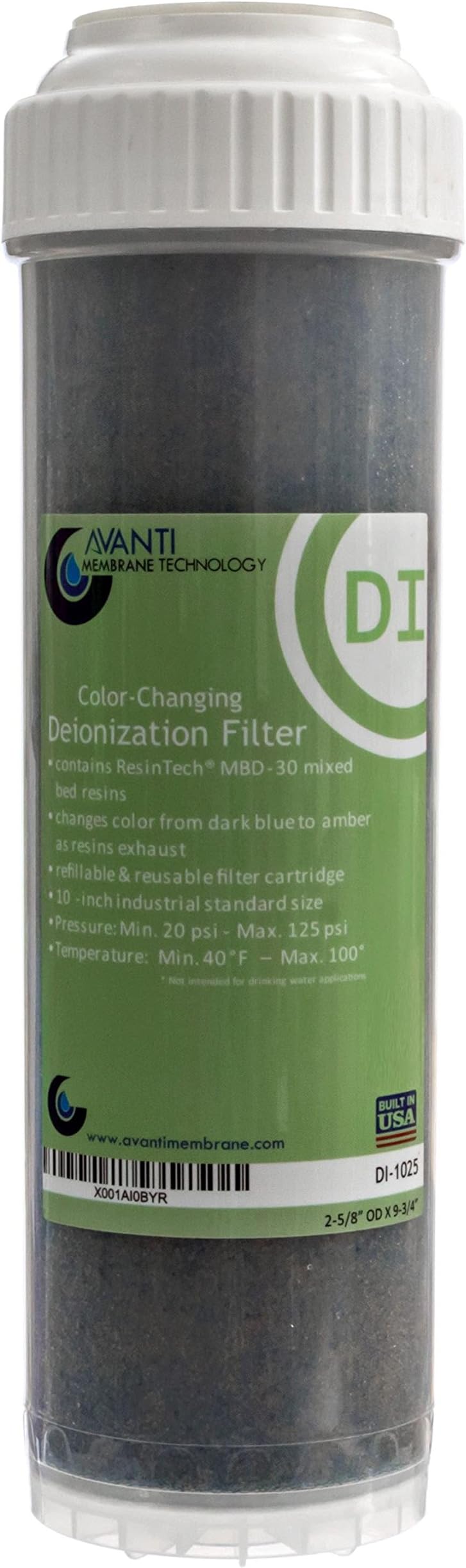 Avanti Color-Changing Deionization DI Cartridge w/ResinTech MBD-30 Mixed Bed Resin - refillable, 2-1/2" OD X 10" L