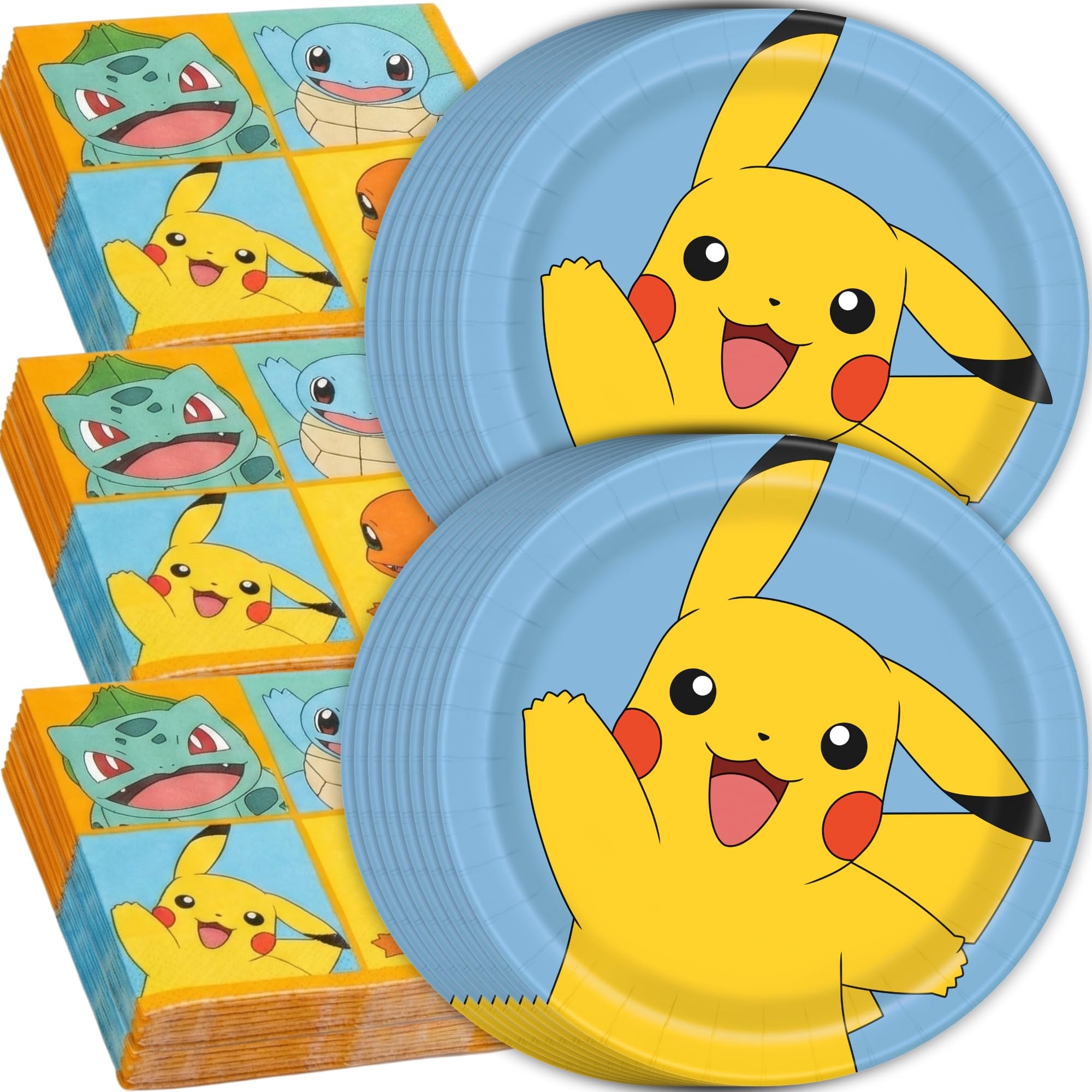 Unique Assiettes et serviettes Pokémon pour 32 personnes – Décorations de fête d'anniversaire Pokémon – 32 assiettes et 32 serviettes – Fournitures de fête
