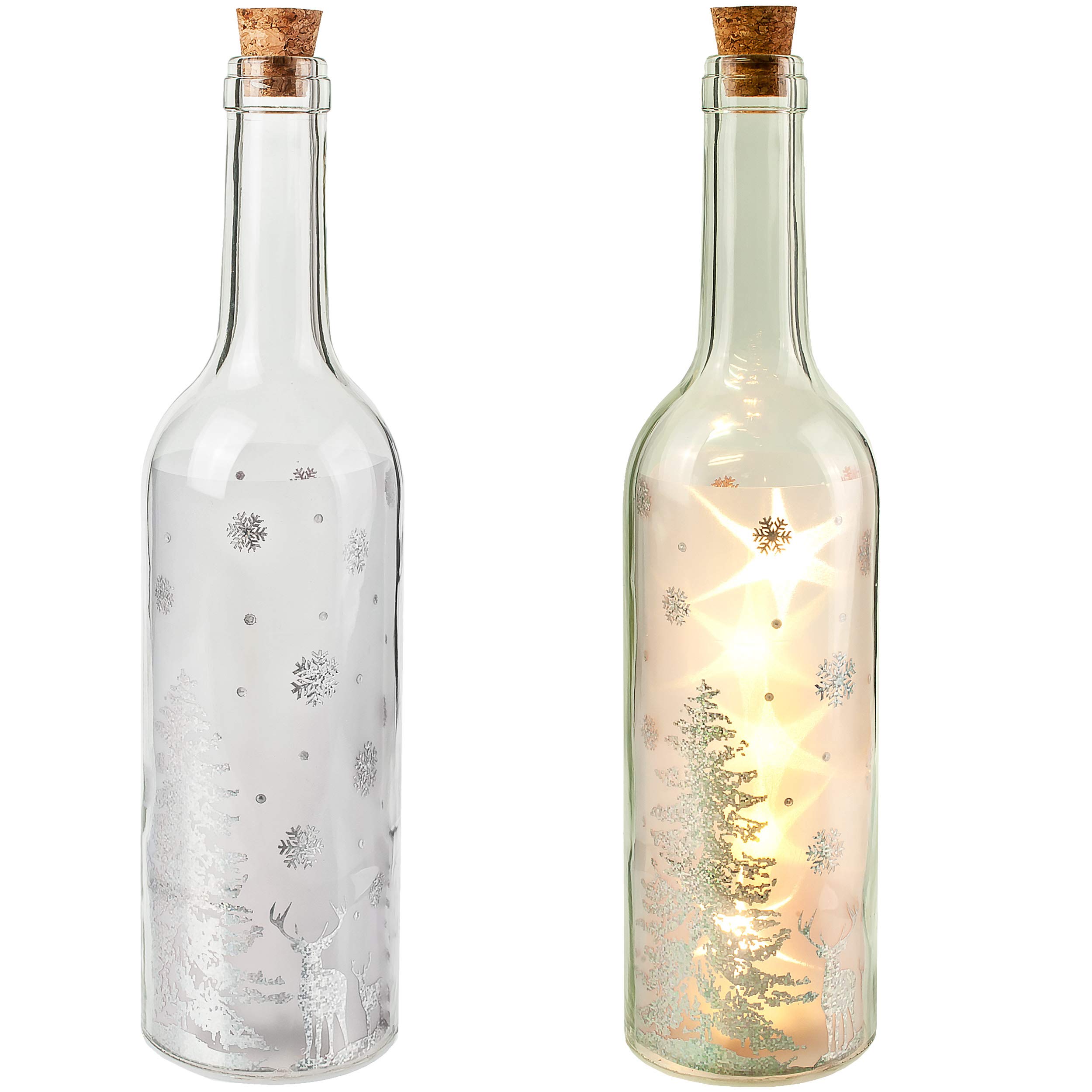 GmbH LICHT Dekoflasche – 10 Stück, Handbemalt, LED-Beleuchtung, Winterlandschaft, 37 Cm