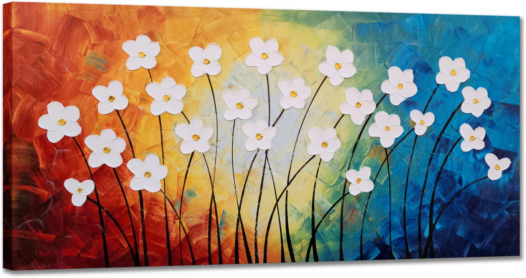 Yihui Arts Hand Painted Textured Flower Oil Painting on Canvas - Colorful Abstract White Floral Wall Art for Living Room, Bedroom, Modern Home Decor