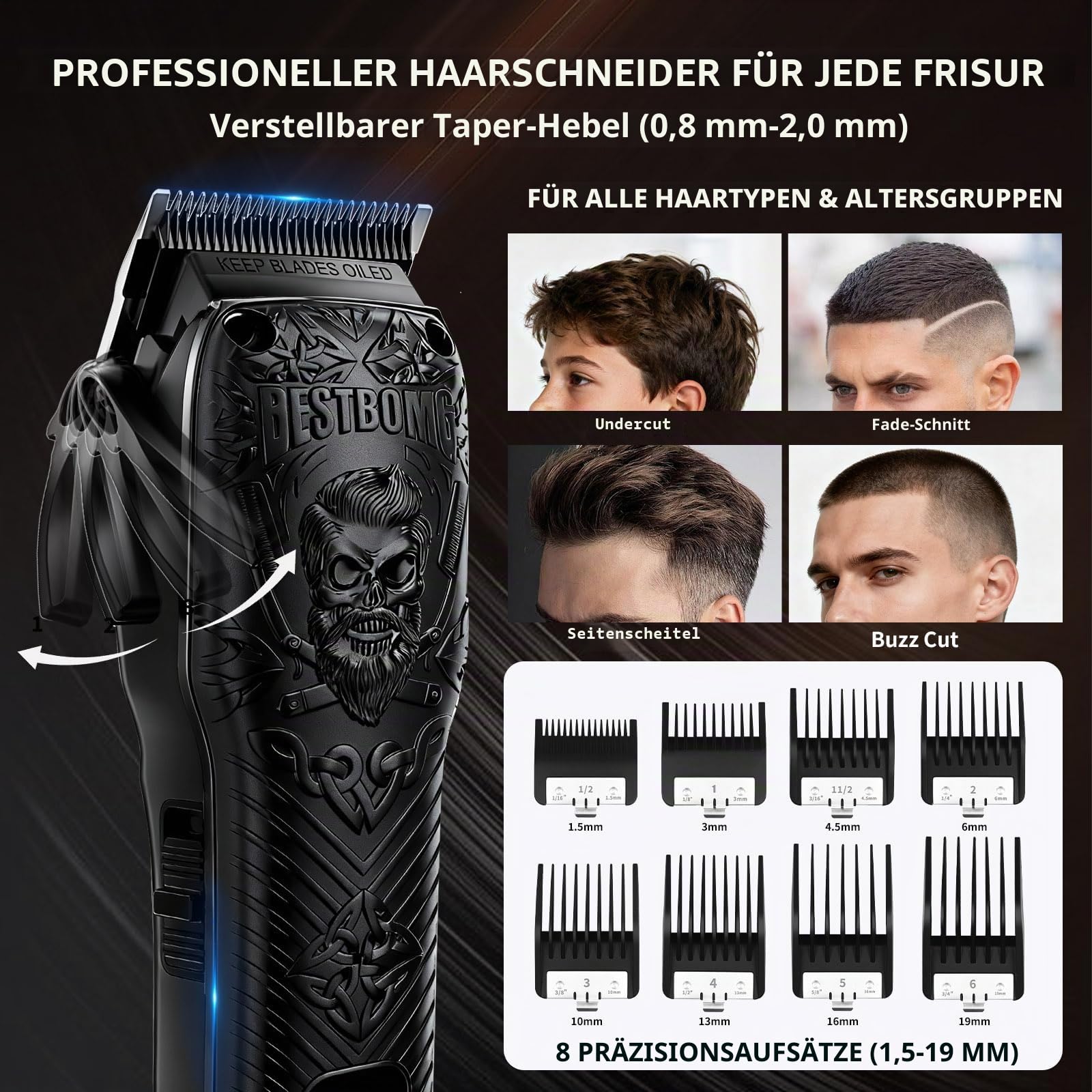 BESTBOMG Professionelle Schnurlose Herren Haarschneidemaschine & Bartschneider und Elektrische Rasierer Sets & Kits, Metall Haarschneidemaschine Schneide- und Pflegeset mit langer Akkulaufzeit für den