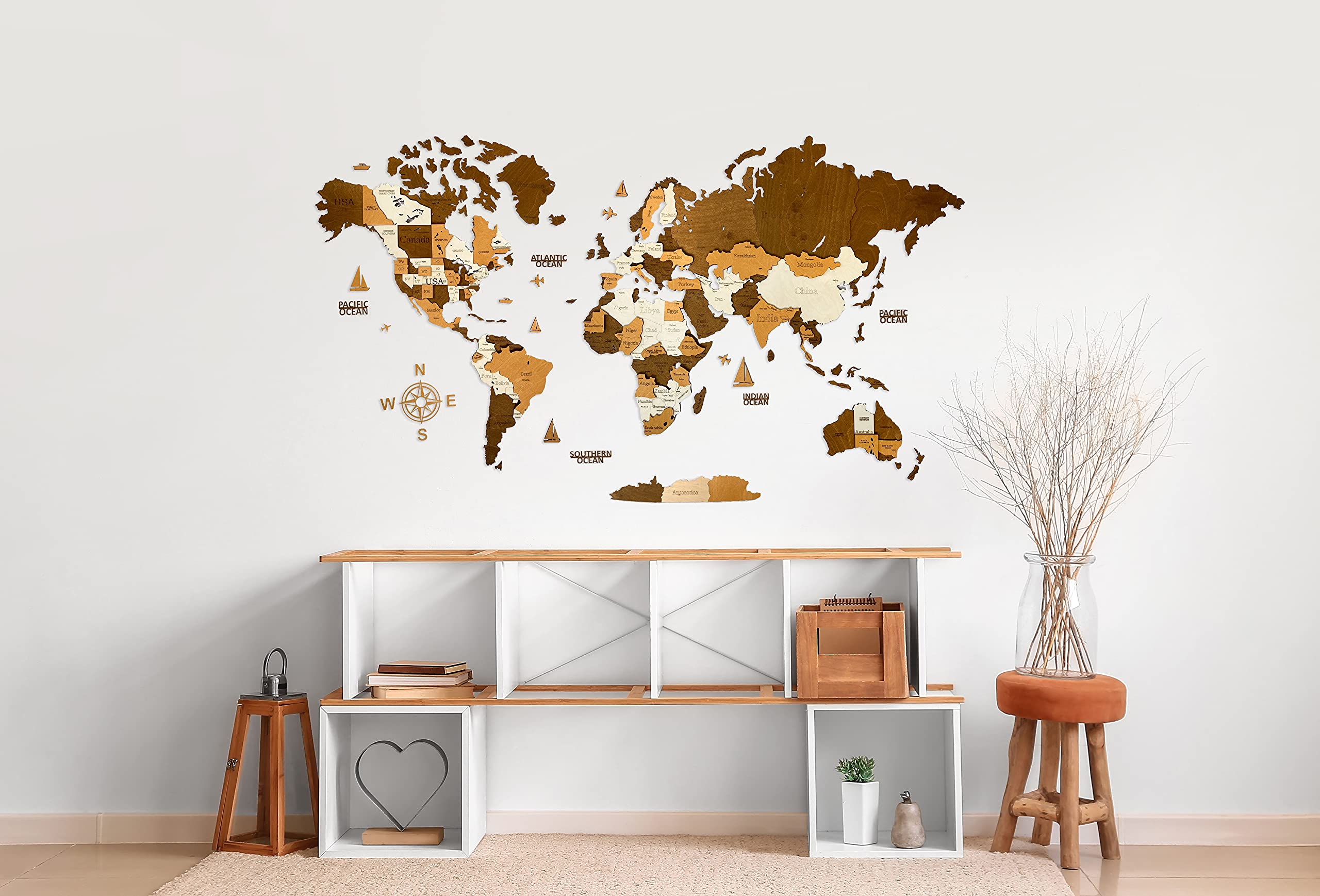 Woodvio Mapa Mundial de Madera 3D, Arte Decorativo para Pared para Decoración de Hogar y Oficina - tamaño Grande (160x85cm)