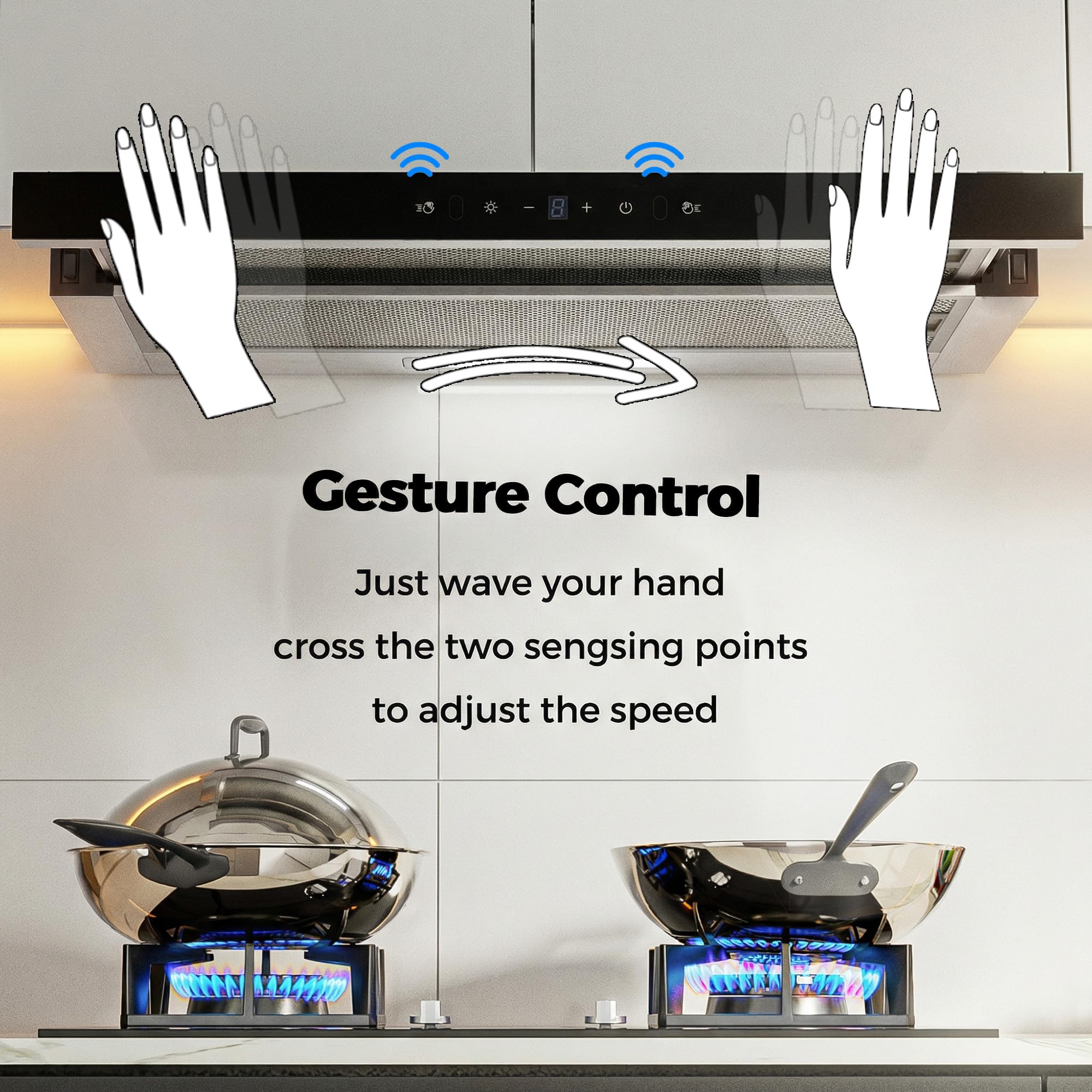 Range Hood 30 Inch Under Cabinet, Kitchen Hood with 750 CFM, 3-Speed Gesture Sensing & Touch Control, Stainless Steel Vent Hood with Pull-out Panel, LED Lights, 2 Pcs Aluminum Filters - 4