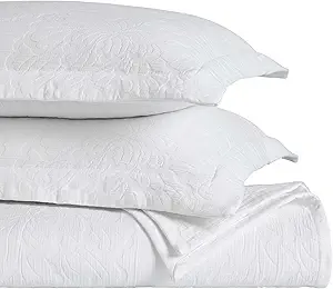 Superior 3 Piece Cotton Bedspread Set, Home Bed Decor, Decorative Bed Spread, 2 Pillow Shams, Medium Weight Blanket, Matelasse Coverlet, Bedding Essentials, Hibiscus Collection, Full, White