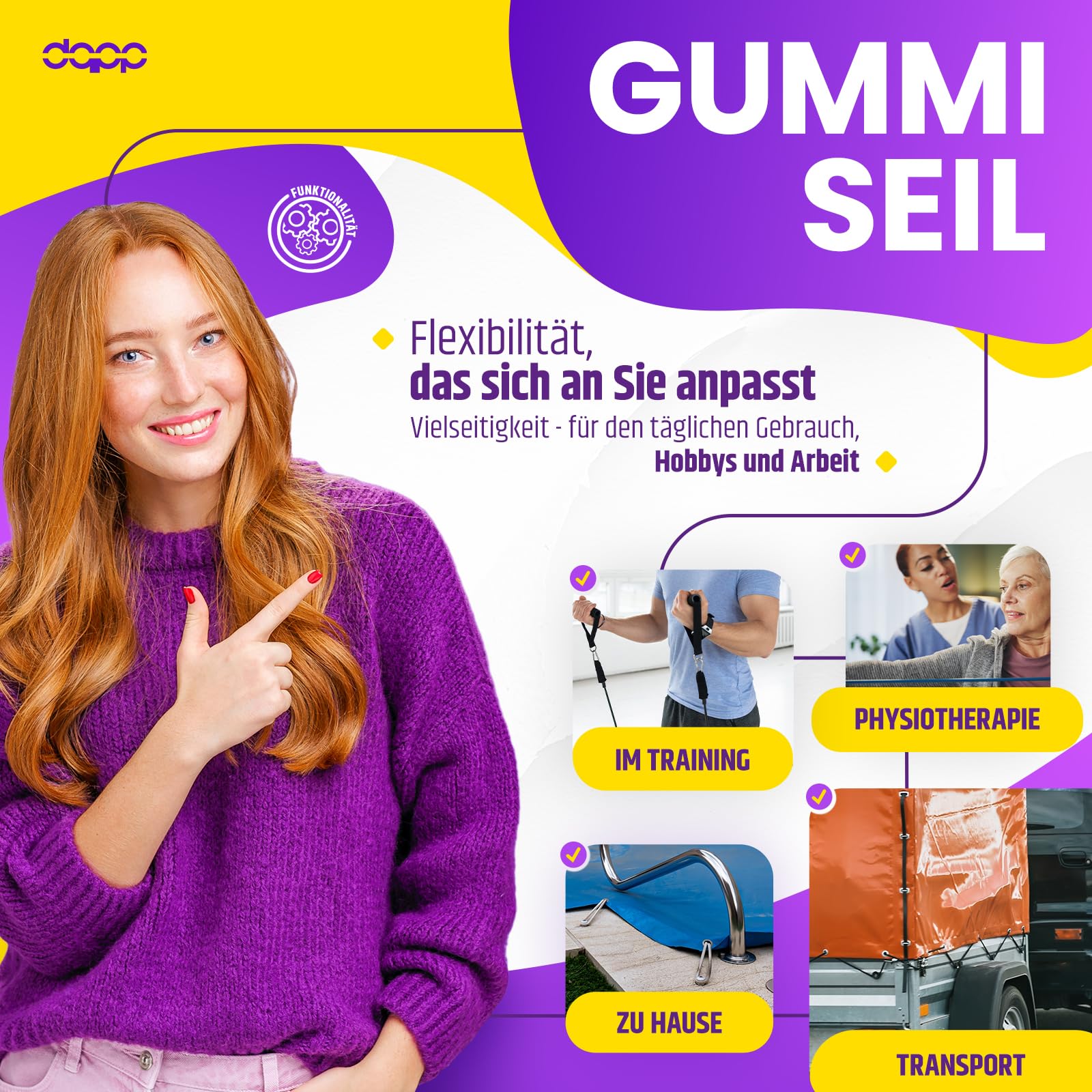 DQ-PP Corda in gomma gialla – 8 mm – 100 m – Cavo di gomma elastico per teloni