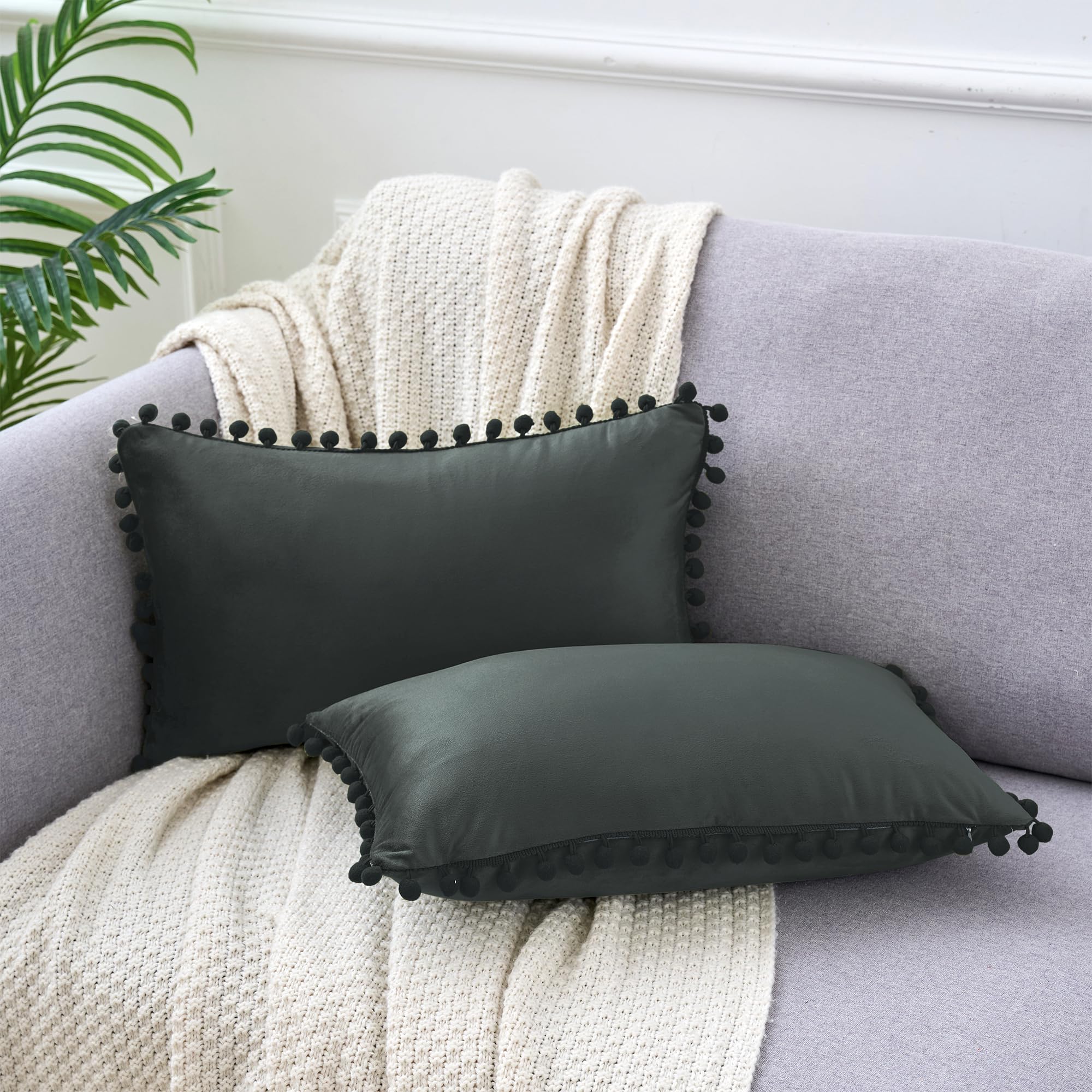 Uxcell Pack of 2 Velvet Throw Pillow Covers with Pompoms Decorative Pillow Cases Fringe Cushion Covers Velvet Square Sham for Farmhouse Bedroom Living Room Dark Gray 30 x 50 cm - Image 2