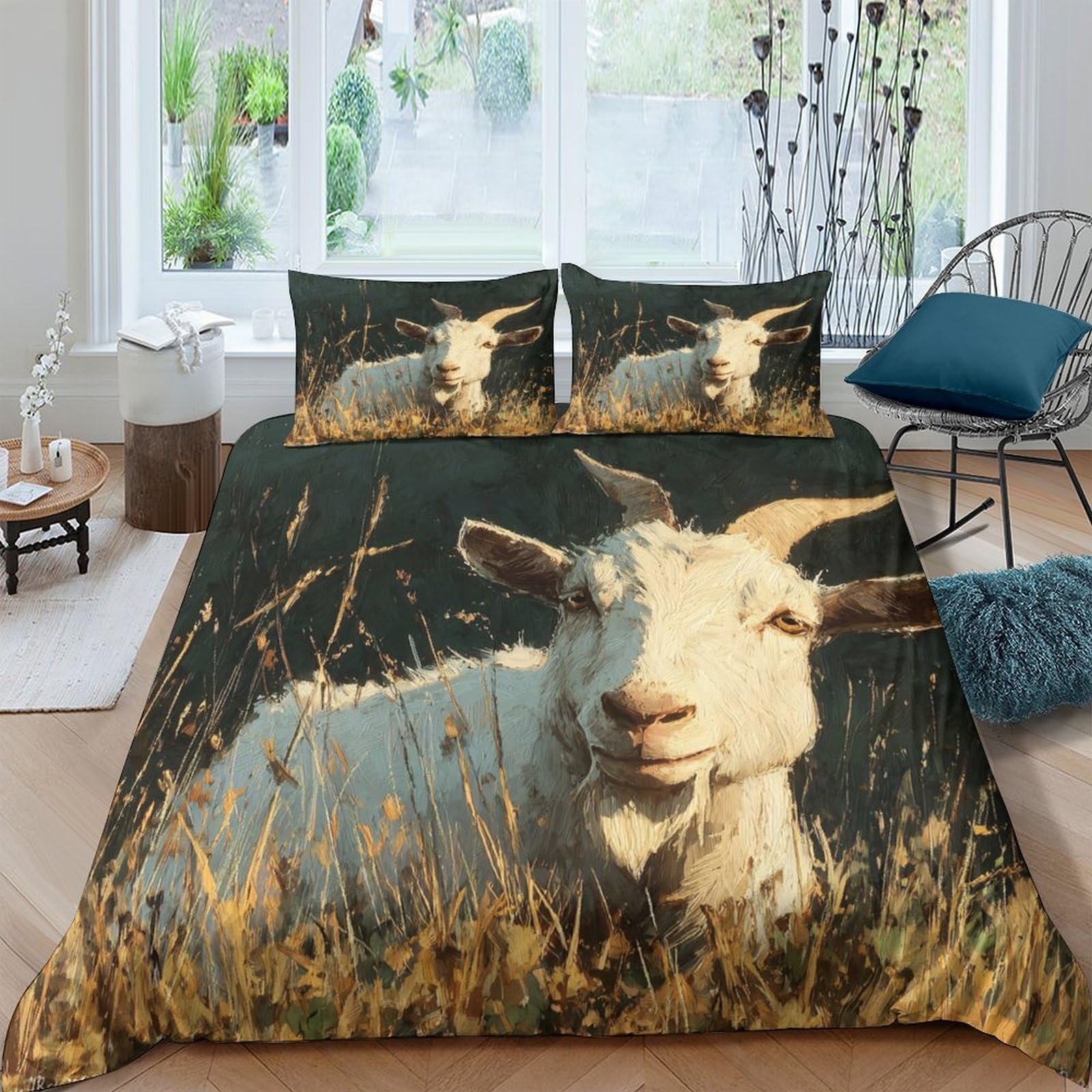 GPLZQXKJNH 3D Printed Goat Meadow Duvet Cover Microfiber Soft Breathable Nature Bedding Set with 2 Pillowcases for Bedroom Decor Single（135x200cm）