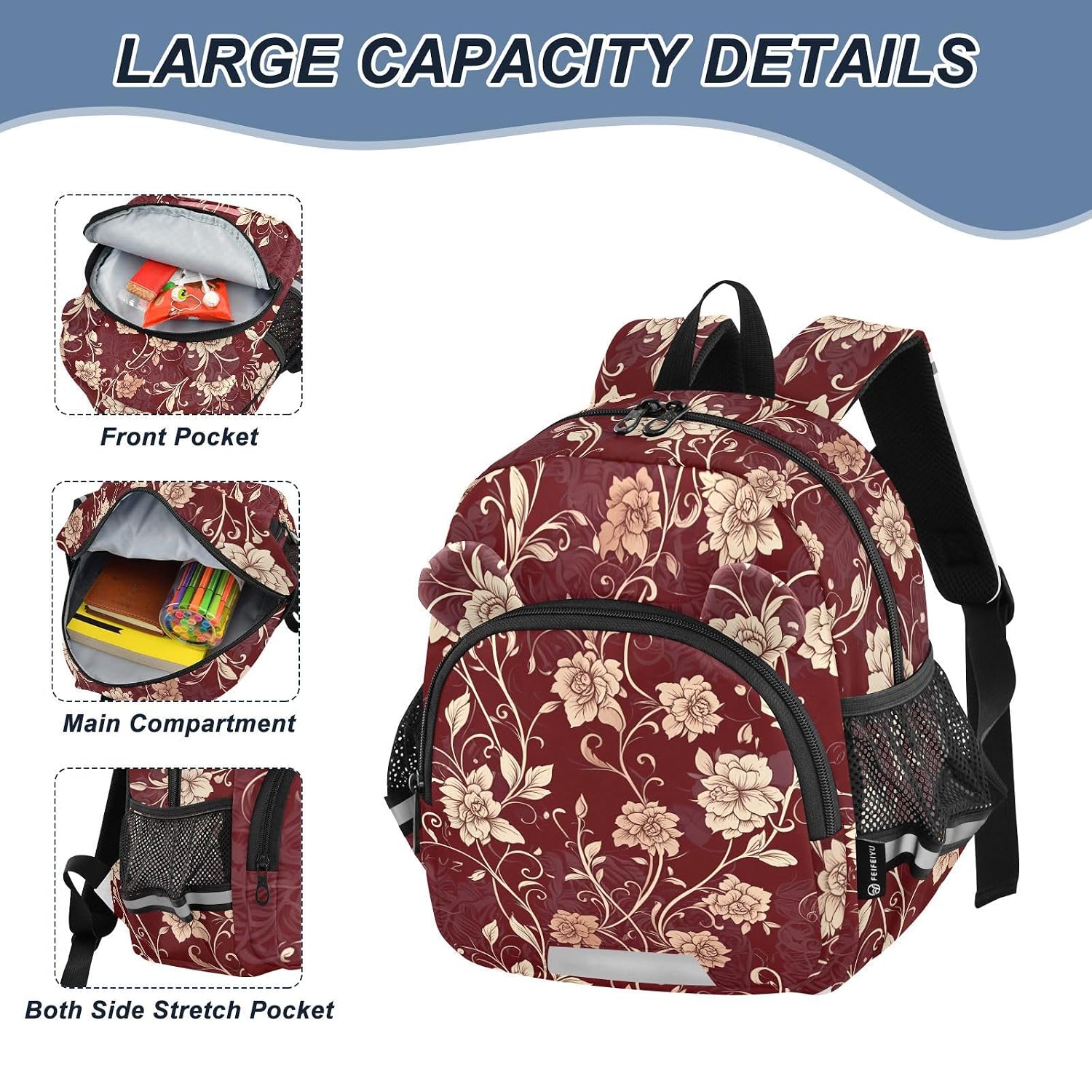 Floral Drawing Maroon Toddler Harness Backpack for Boys Girls 3-6 Years Kids Backpack with Anti Lost Safety Leash Baby Harness Bookbag for Walking Travel Preschool