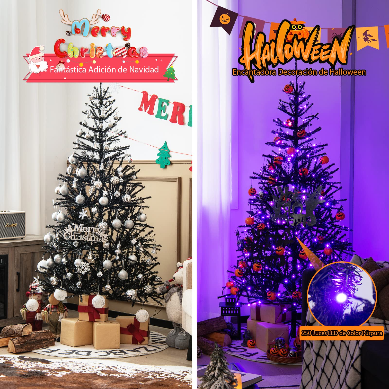 COSTWAY 180 cm Árbol Artificial de Halloween, Árbol de Halloween de Color Negro con 791 Puntas de Rama de PVC, 250 Luces LED y Adornos, Árbol Artificial Hogar, Oficina, Escuela, Instalación Rápida