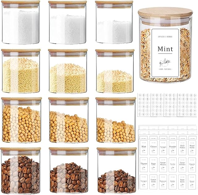12 Pack Glass Jars Set 166ml with 180 White Pre-printed Labels, Yibaodan Spice Jars with Bamboo Airtight Small Food Cereal Storage Containers for Home Kitchen Tea Pasta Coffee Flour Herbs Grains