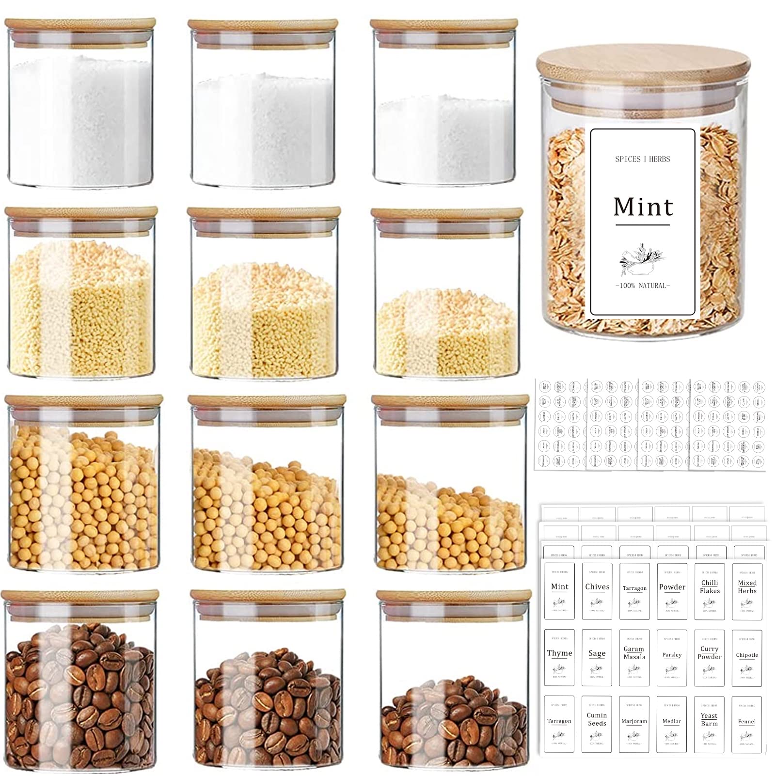 Yibaodan 12 Pack Glass Jars Set 166ml with 180 White Pre-printed Labels, Spice Jars with Bamboo Airtight Small Food Cereal Storage Containers for Home Kitchen Tea Pasta Coffee Flour Herbs Grains