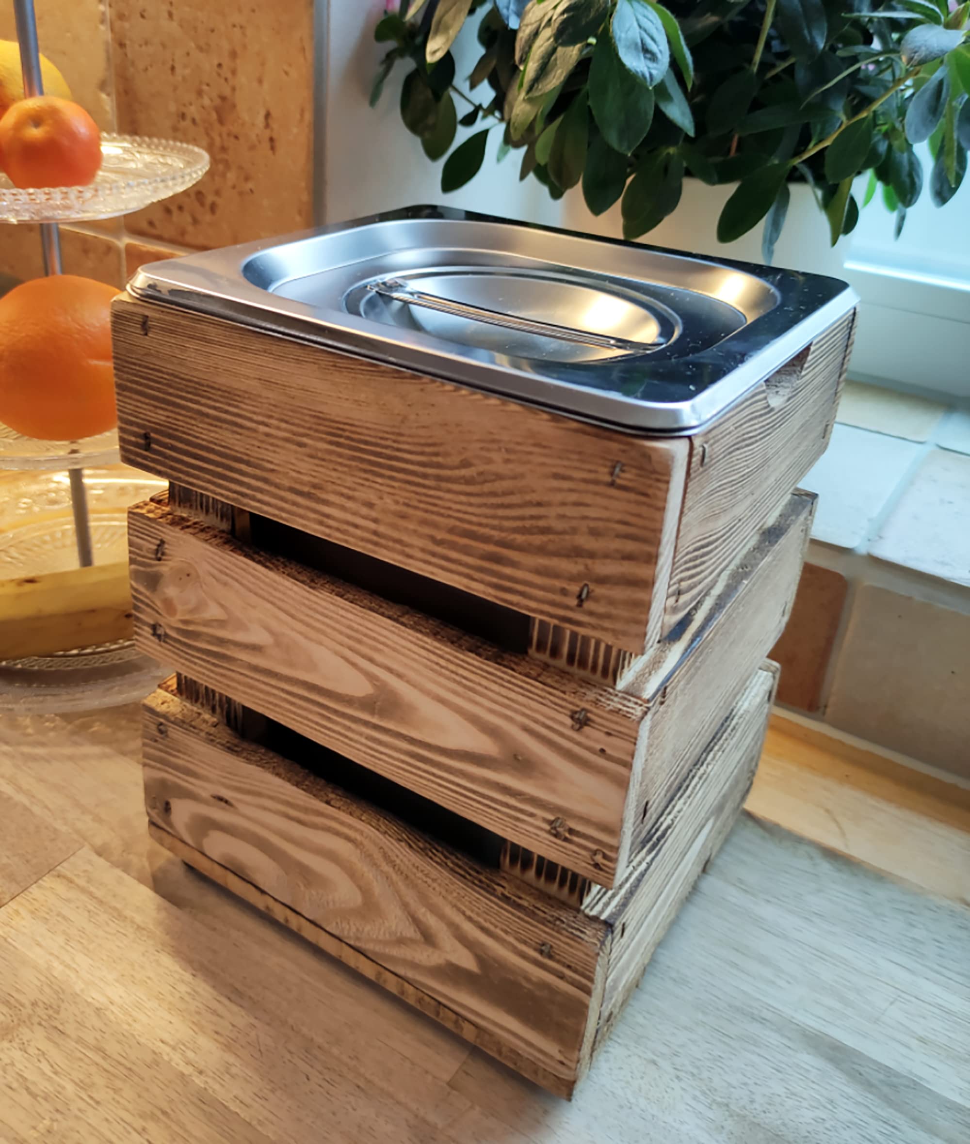 TimbertWoodDesign Rustikaler BIOMÜLLEIMER aus HOLZ und Edelstahl KOMPOSTEIMER Organische Abfälle Kompost Mülleimer Abfall Behälter Nachhaltig Geschenk Küche