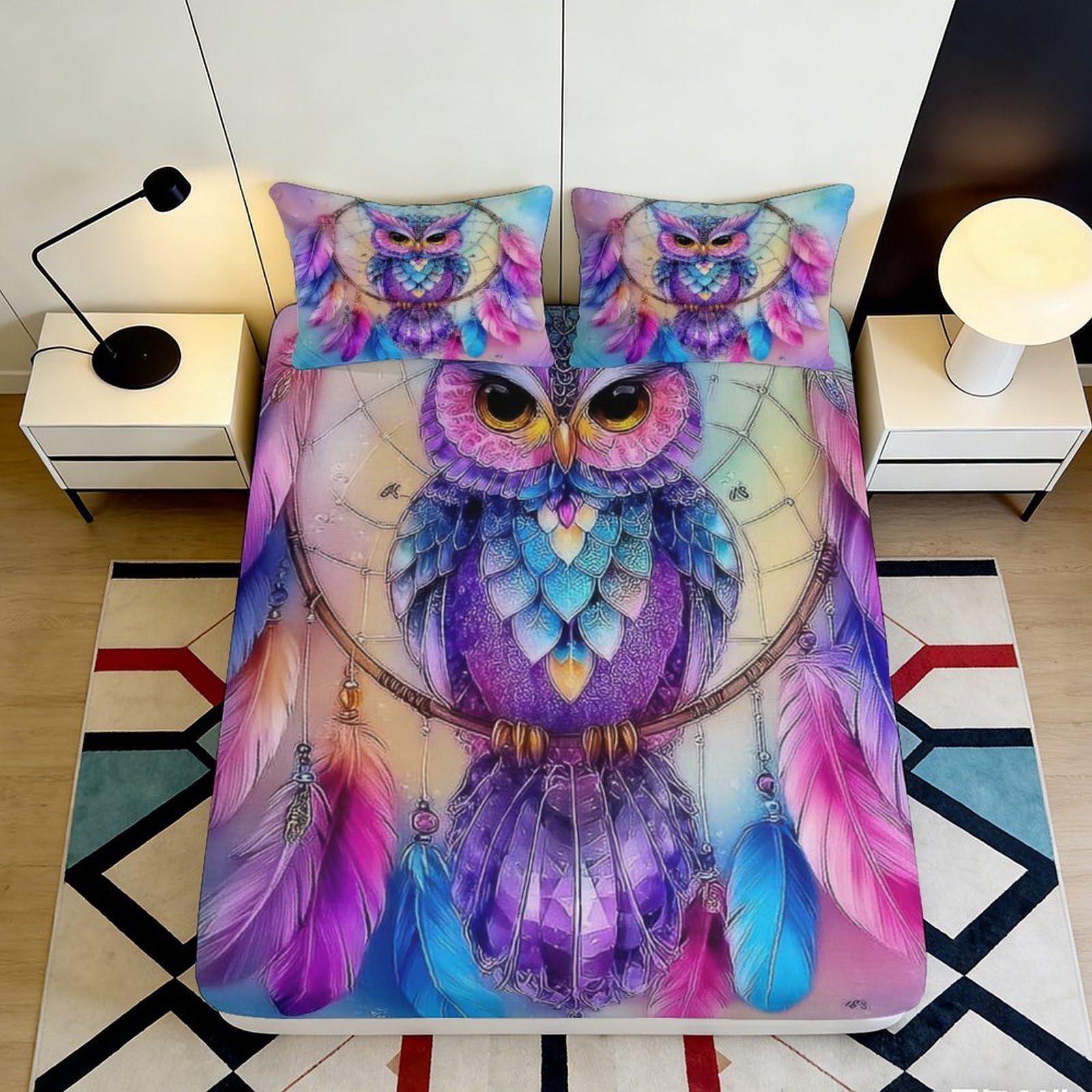 3D Printed Colorful Owl Dreamcatcher Fitted Sheet Microfiber Soft Mattress Cover for Bedroom Dorm Decorative 90x200x25cm