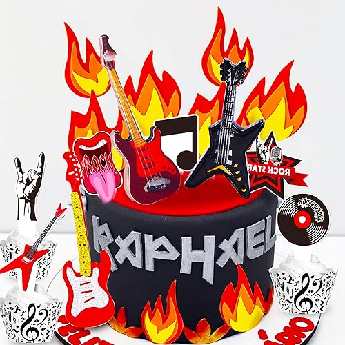 LaVenty Decoración para tartas de cumpleaños, guitarra eléctrica, decoración de pastel de rock y roll, decoración para fiesta temática de Rockstar,