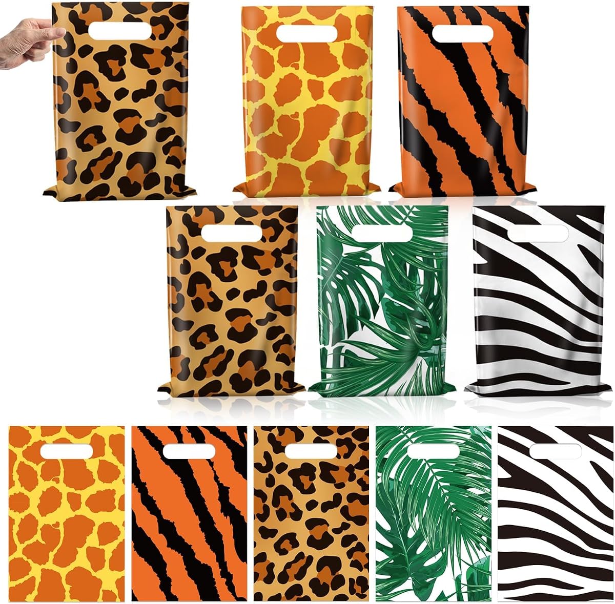 APUXXJUPA 100 Pcs Jungle Safari Themed Party Favor Bags, Multi-Animal Print Candy Treat Gift Bags for Kids Party Favors Summer Jungle Safari Birthday Decorations