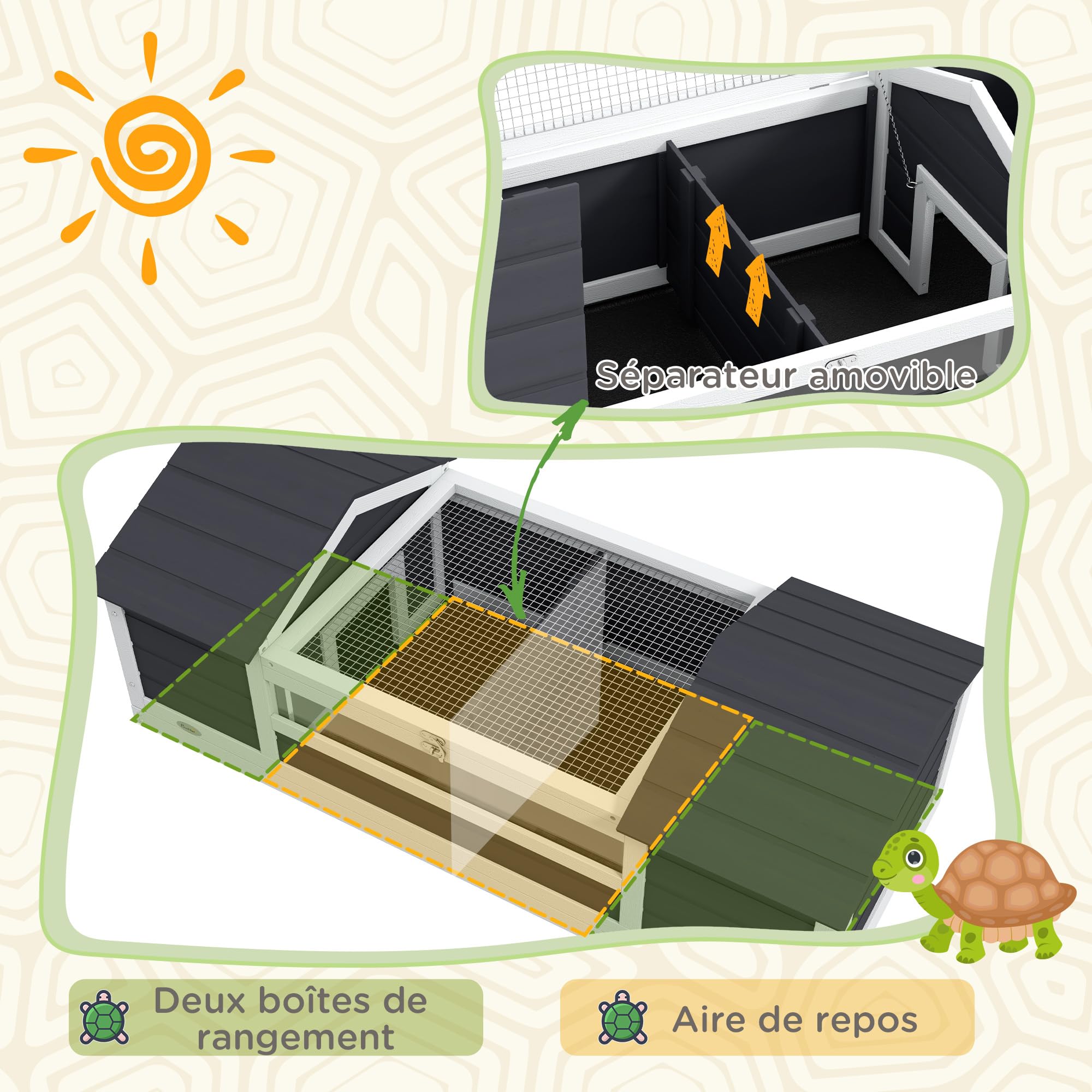 PawHut Maison Tortue terrestre extérieure, enclos Tortue en Bois, 2 niches, Support de Lampe réglable, Toit ouvrable, fenêtre en Acrylique Transparent, Gris