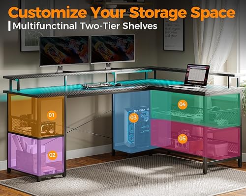 Miniatura 8 de ODK Escritorio para juegos en forma de L de 66 pulgadas con toma de corriente y luces LED, mesa de juegos de PC con puertos USB, escritorio