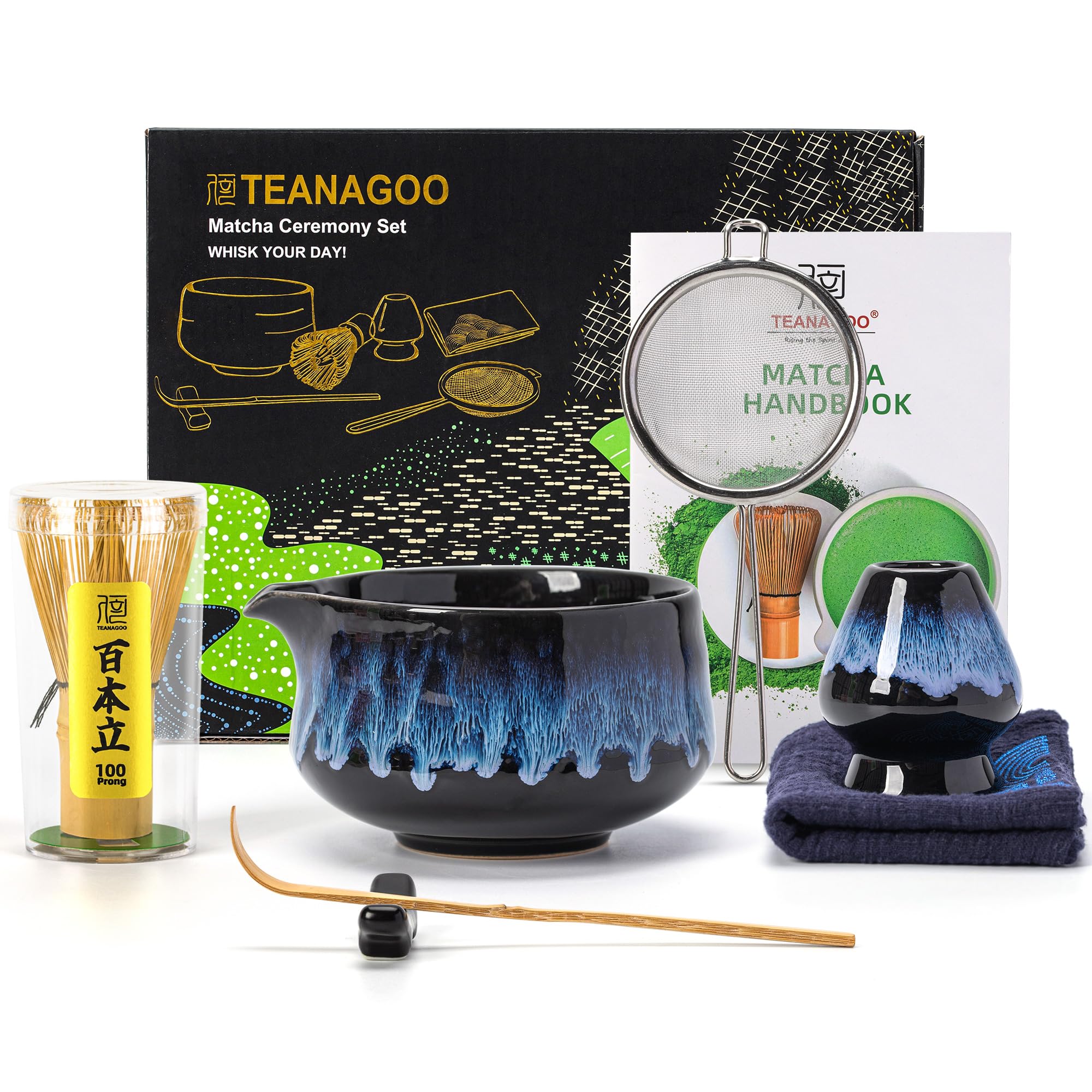TEANAGOO Matcha Set| Matcha Besen|Matcha Tea Set | Matcha Schale| Matcha Whisk,Schaufel, Sieb, Matcha-Besenhalter, Matcha-Besenständer，Ausguss Junware-blau，Junware-Set