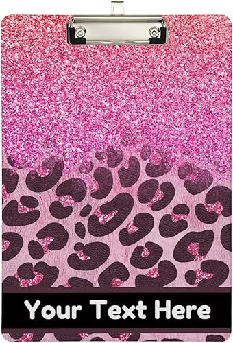 Portapapeles acrílico personalizado, estampado de leopardo, purpurina rosa, dulce, tamaño A4, logotipo de la empresa, tablero de clip estándar con