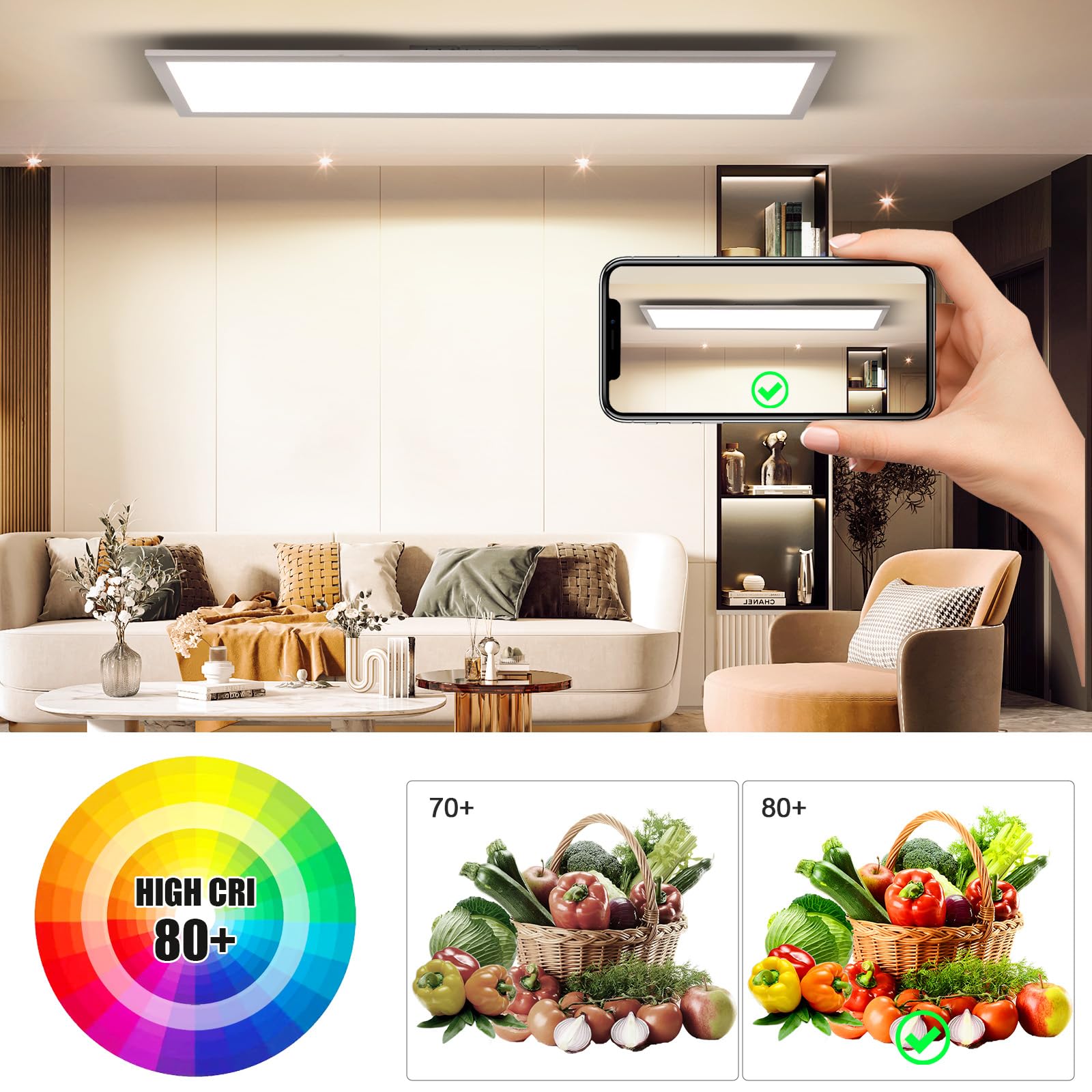 OTREN LED Deckenleuchte Panel Dimmbar 120x30cm, 40W Rechteck Deckenpanel mit Fernbedienung, 2800K-6000K LED Panel Ultra Flach für Wohnzimmer Küche Schlafzimmer Flur Büro