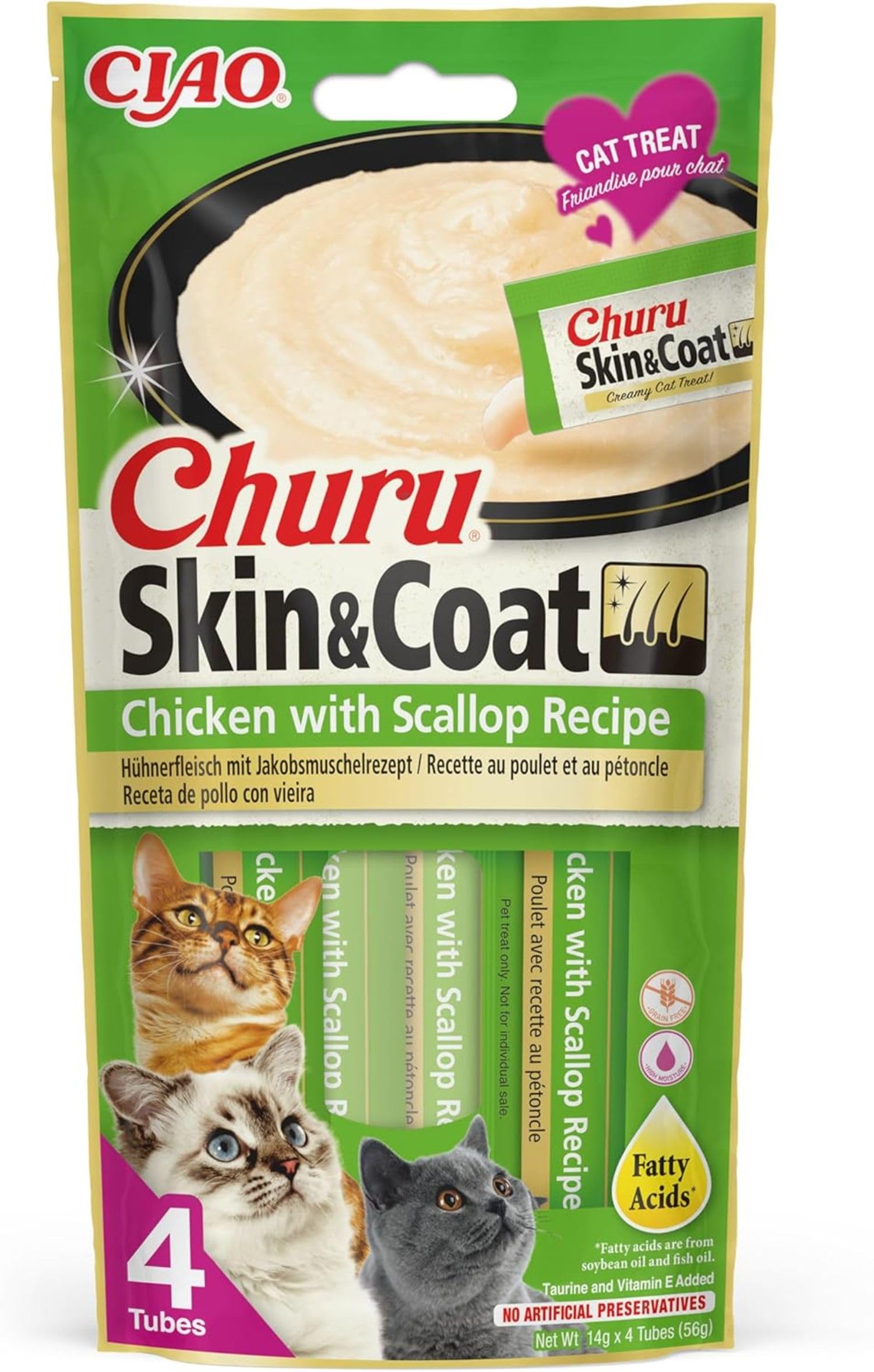 Churu Skin & Coat di INABA Cat Treat – Pollo con Capesante – 1 confezione (4 x 14 g totali), morbido e cremoso per gatti, spuntino delizioso e salutare, purée Food Topper, naturale, senza cereali